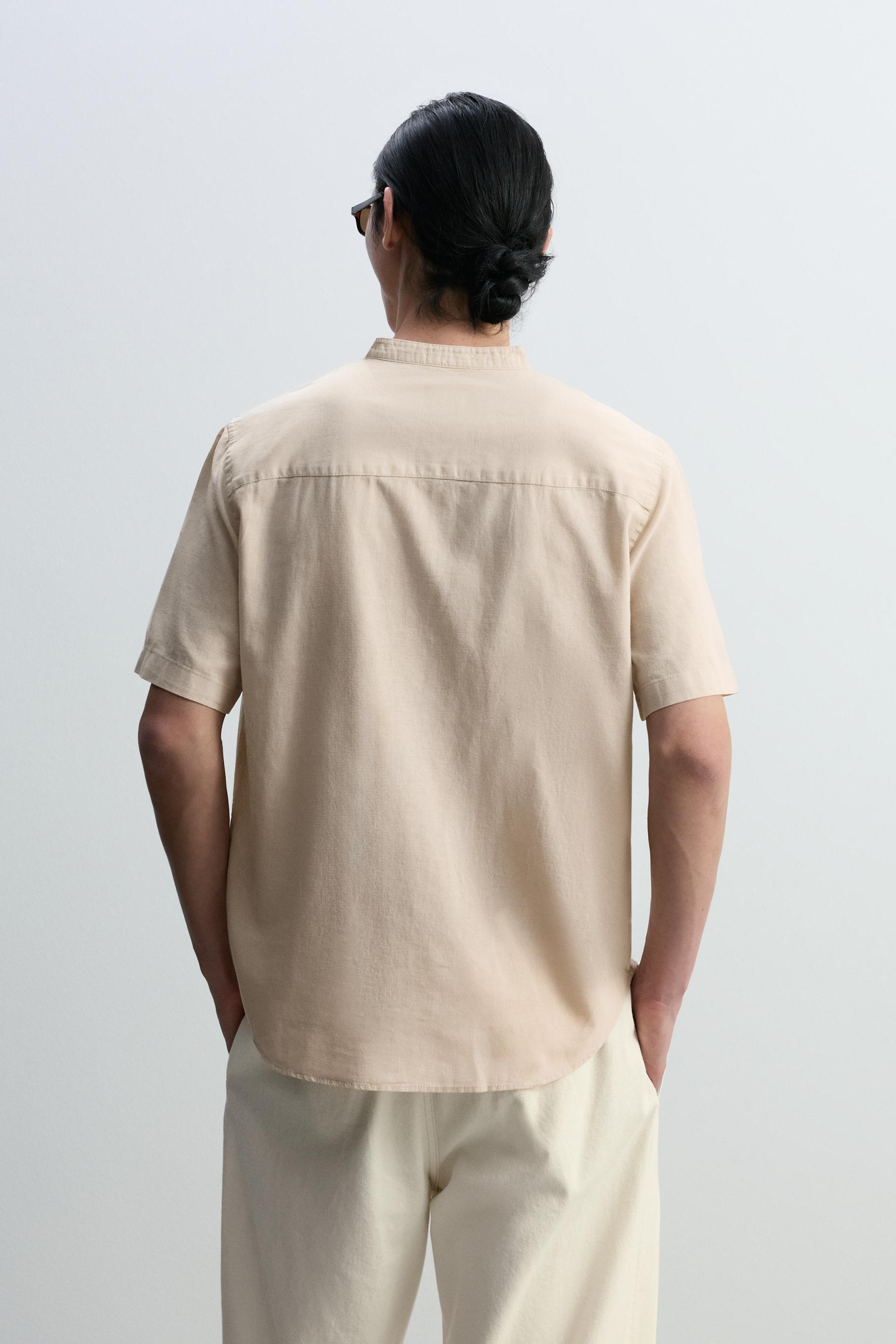 Linen-cotton stand collar shirt — BEIGE