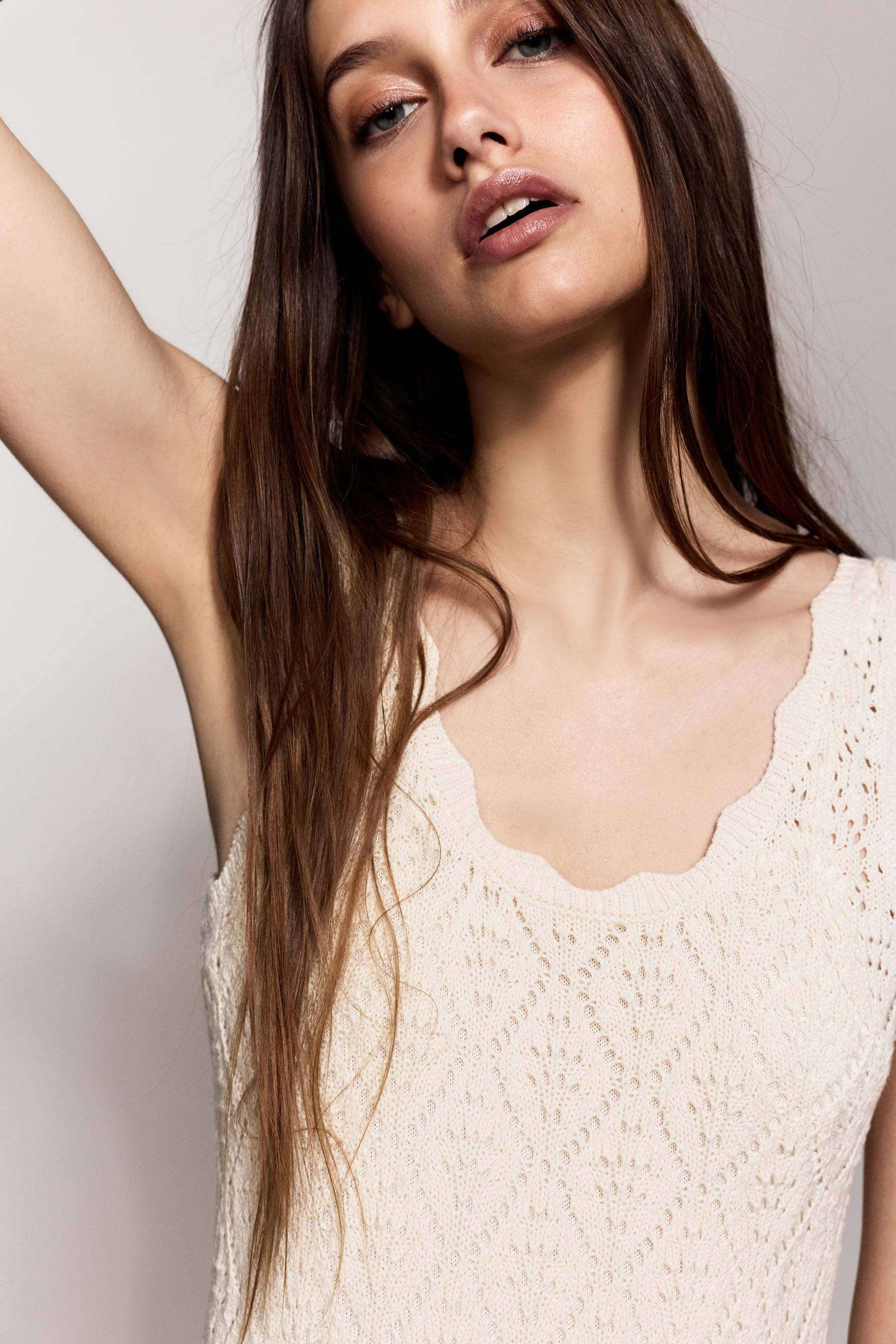 Cutwork knit midi dress — ECRU
