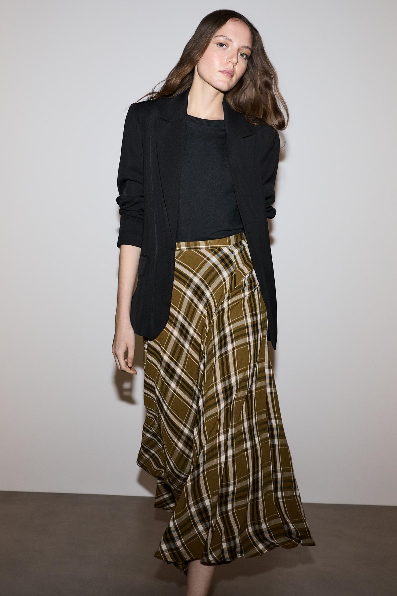 Plaid midi skirt — ECRU/KHAKI