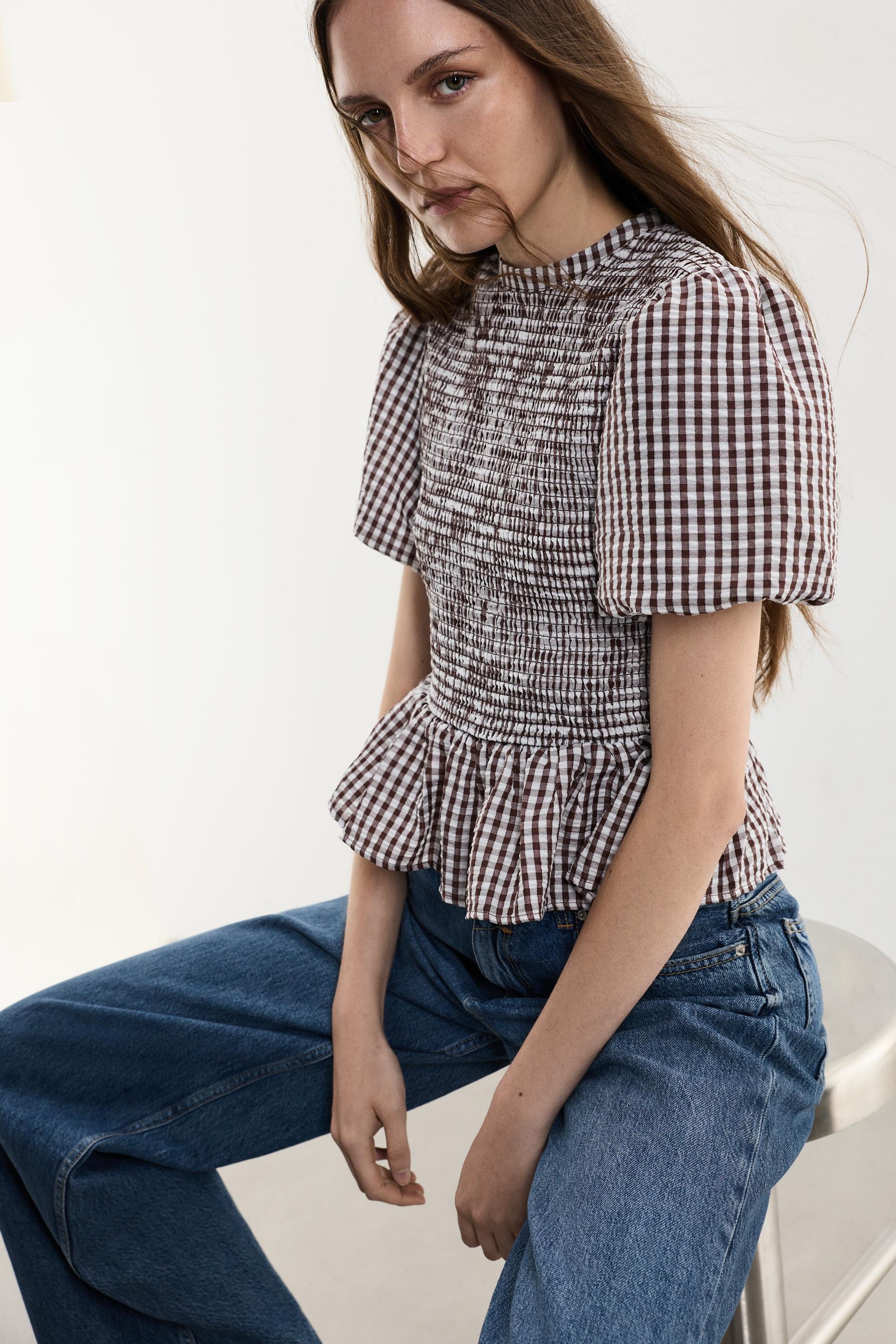 Smocked blouse — BROWN/WHITE