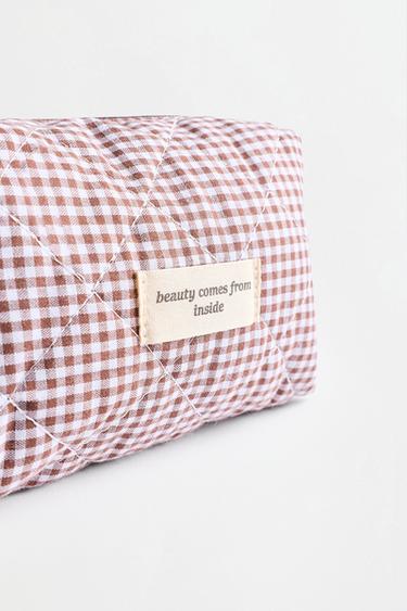 Small gingham print toiletry bag — BROWN 3