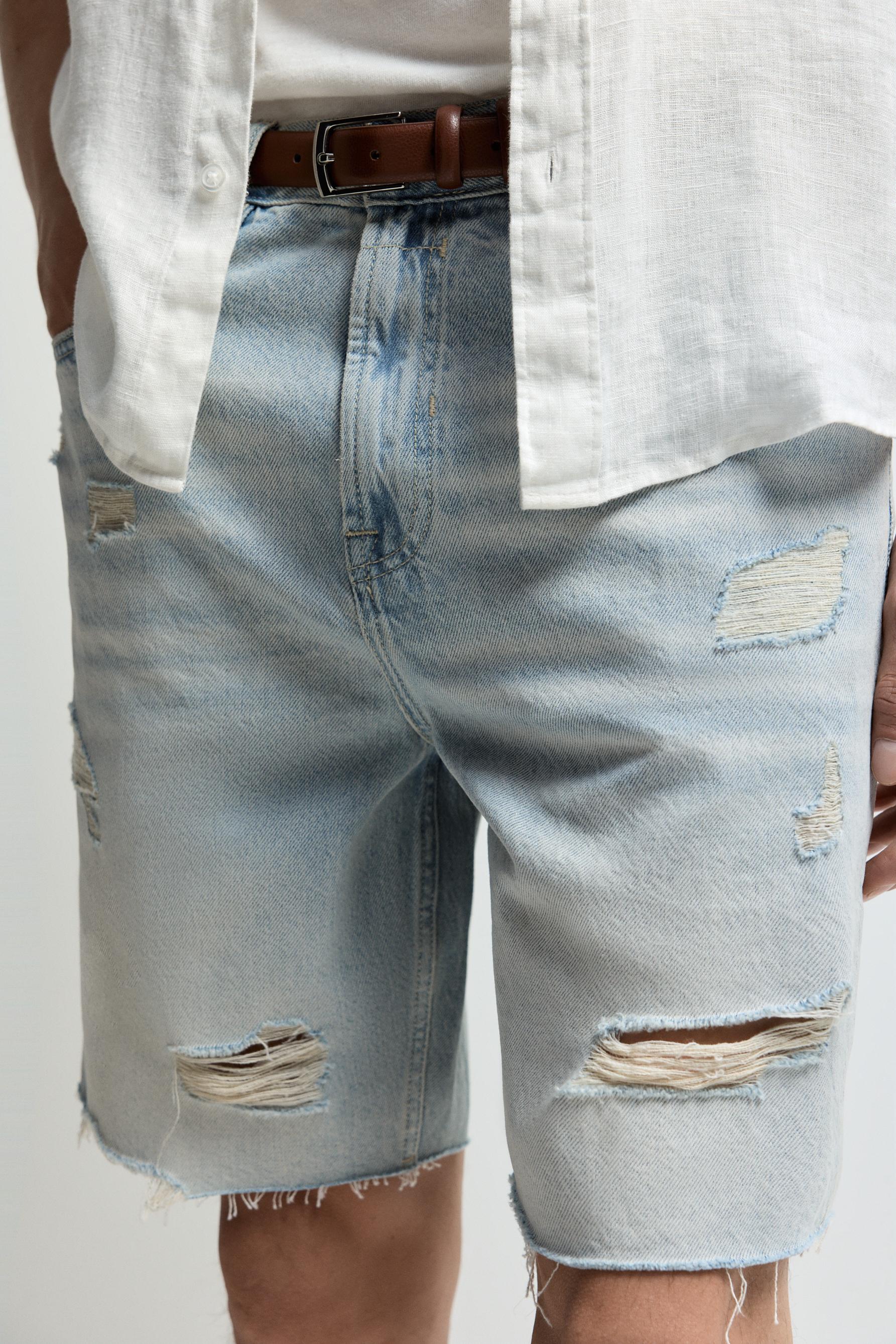 Ripped denim Bermuda shorts — SKY BLUE