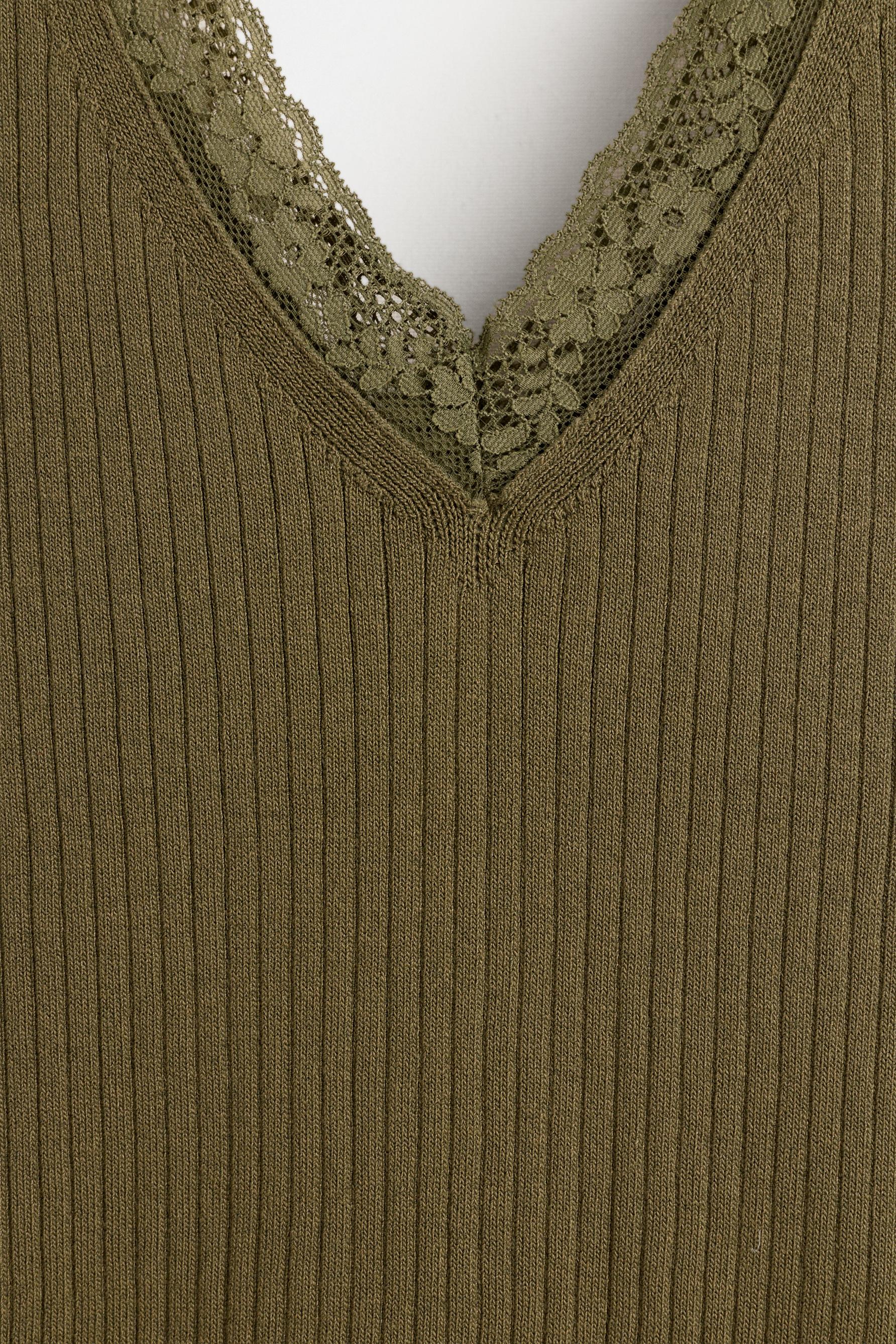 Ribbed lace knit top — KHAKI