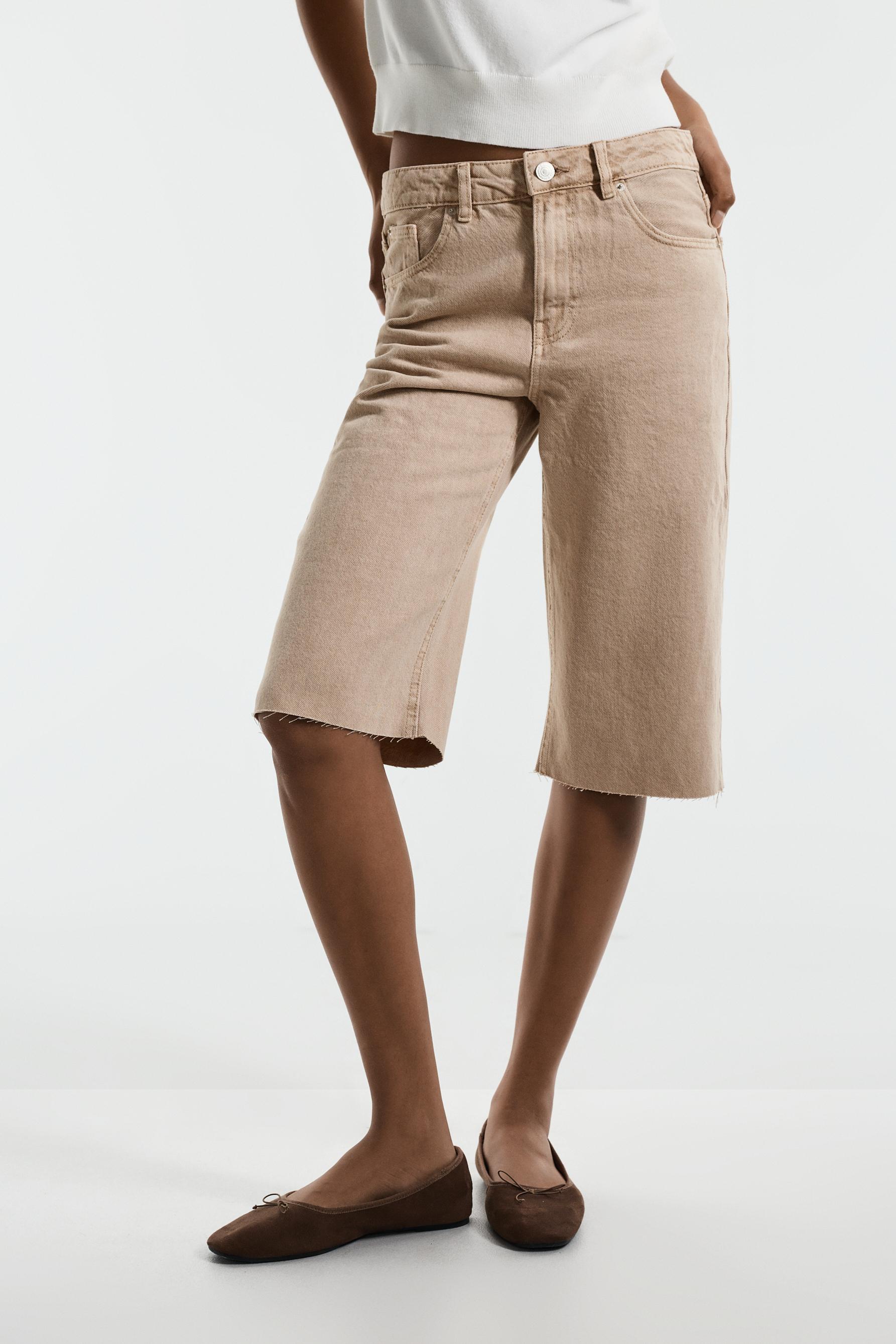 Slim fit wide-leg denim Bermuda shorts — STRAW BROWN