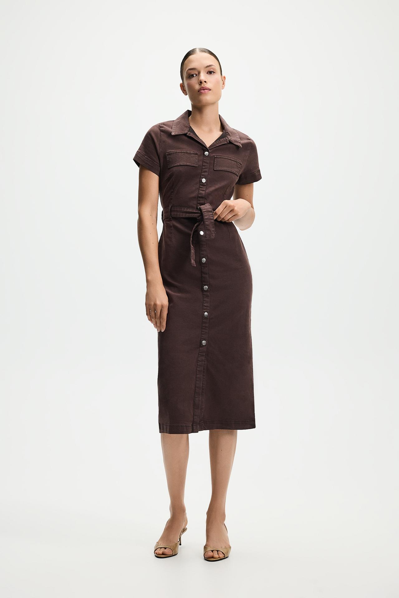 Fitted denim button-front dress — BROWN MARL