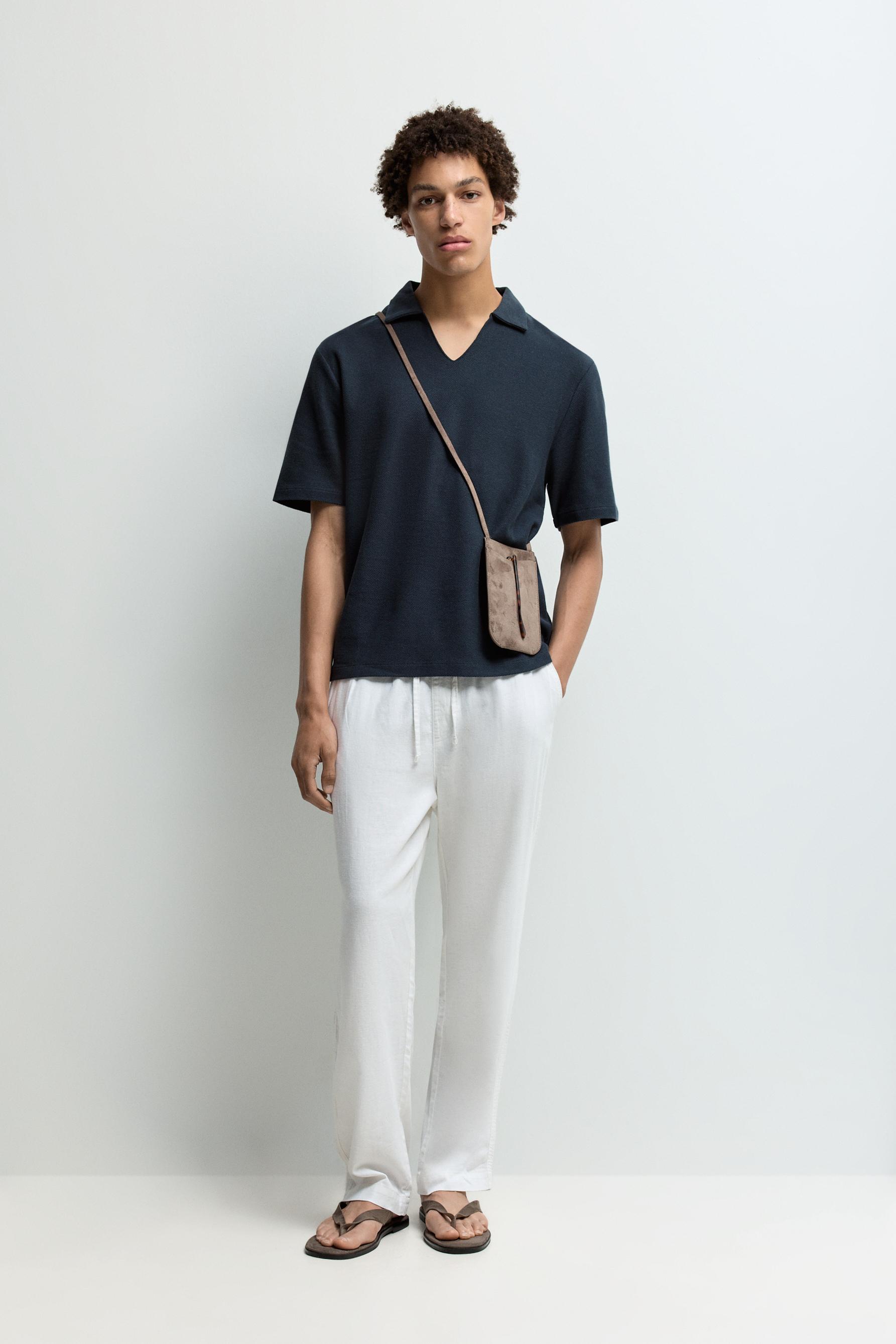 Textured V-neck polo shirt — FADED NAVY