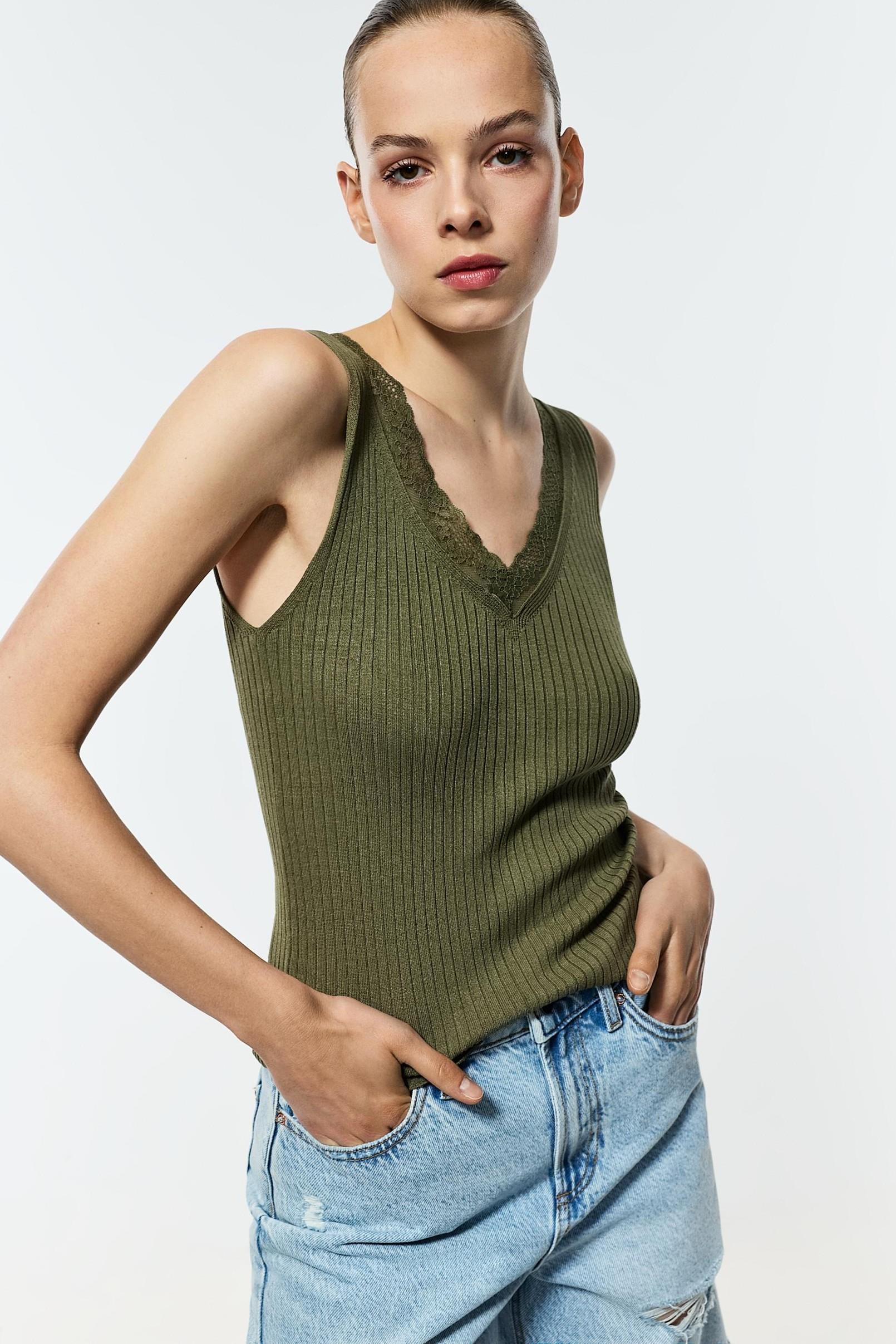 Ribbed lace knit top — KHAKI