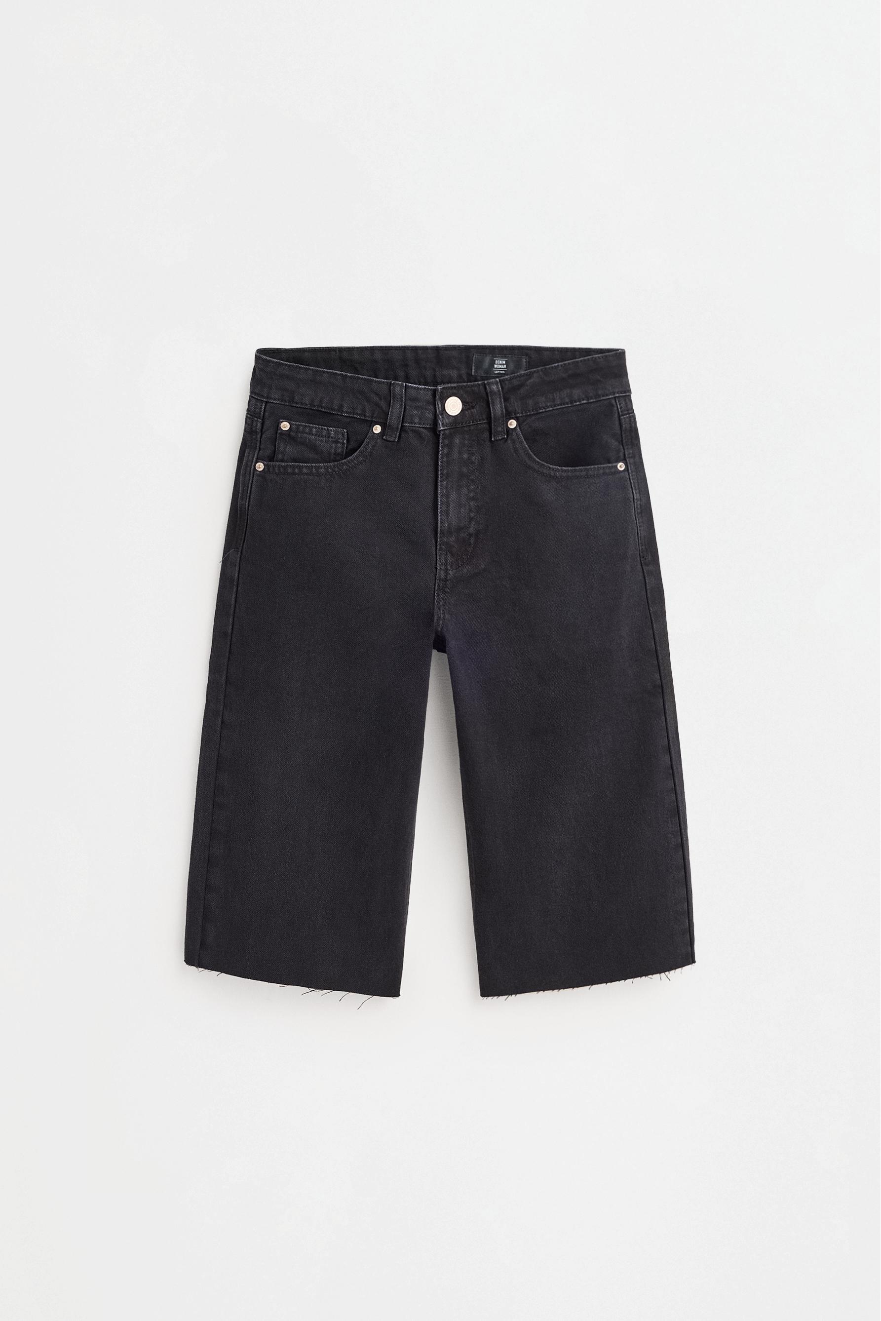 Slim fit wide-leg denim Bermuda shorts — BLACK
