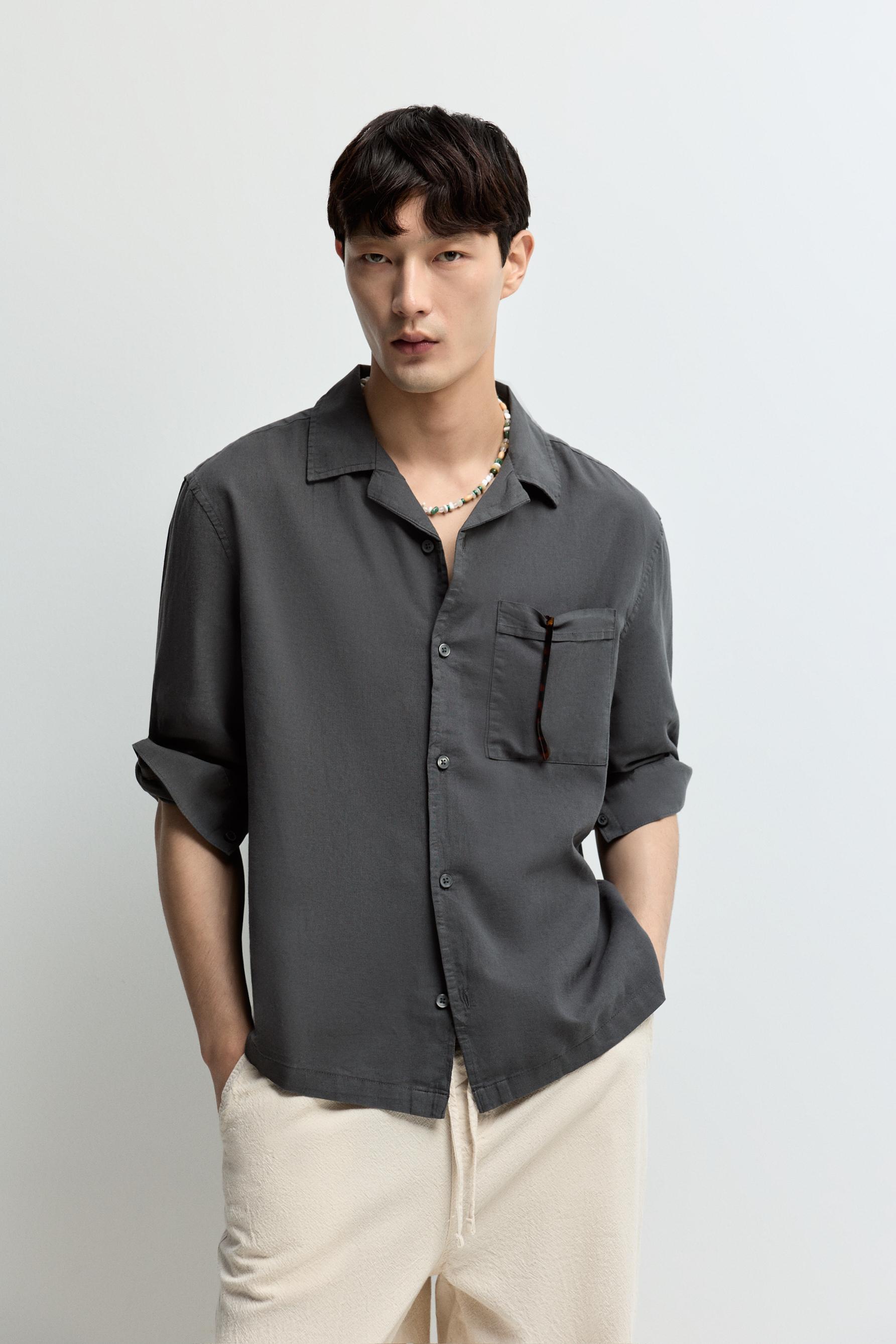 Linen-cotton resort shirt — PETROL BLUE