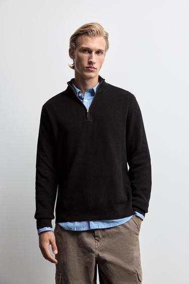 Textured zip-up sweater — BLACK 1