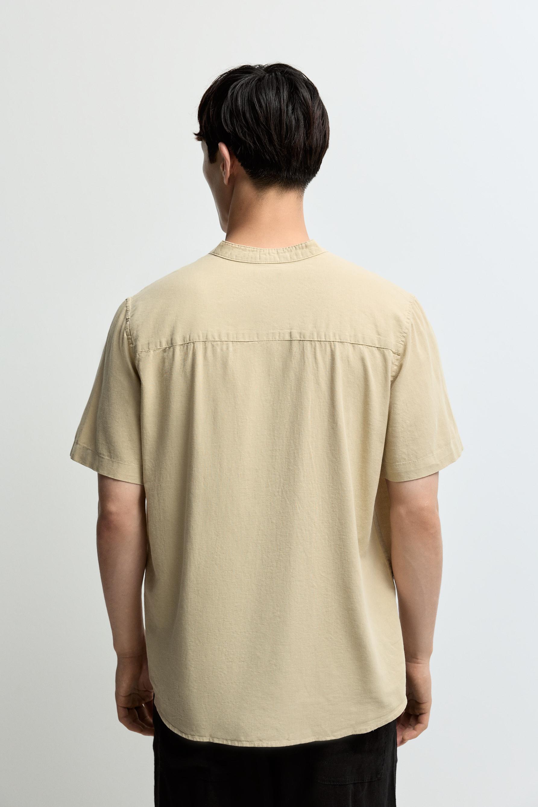 Linen-cotton stand collar shirt — YELLOW