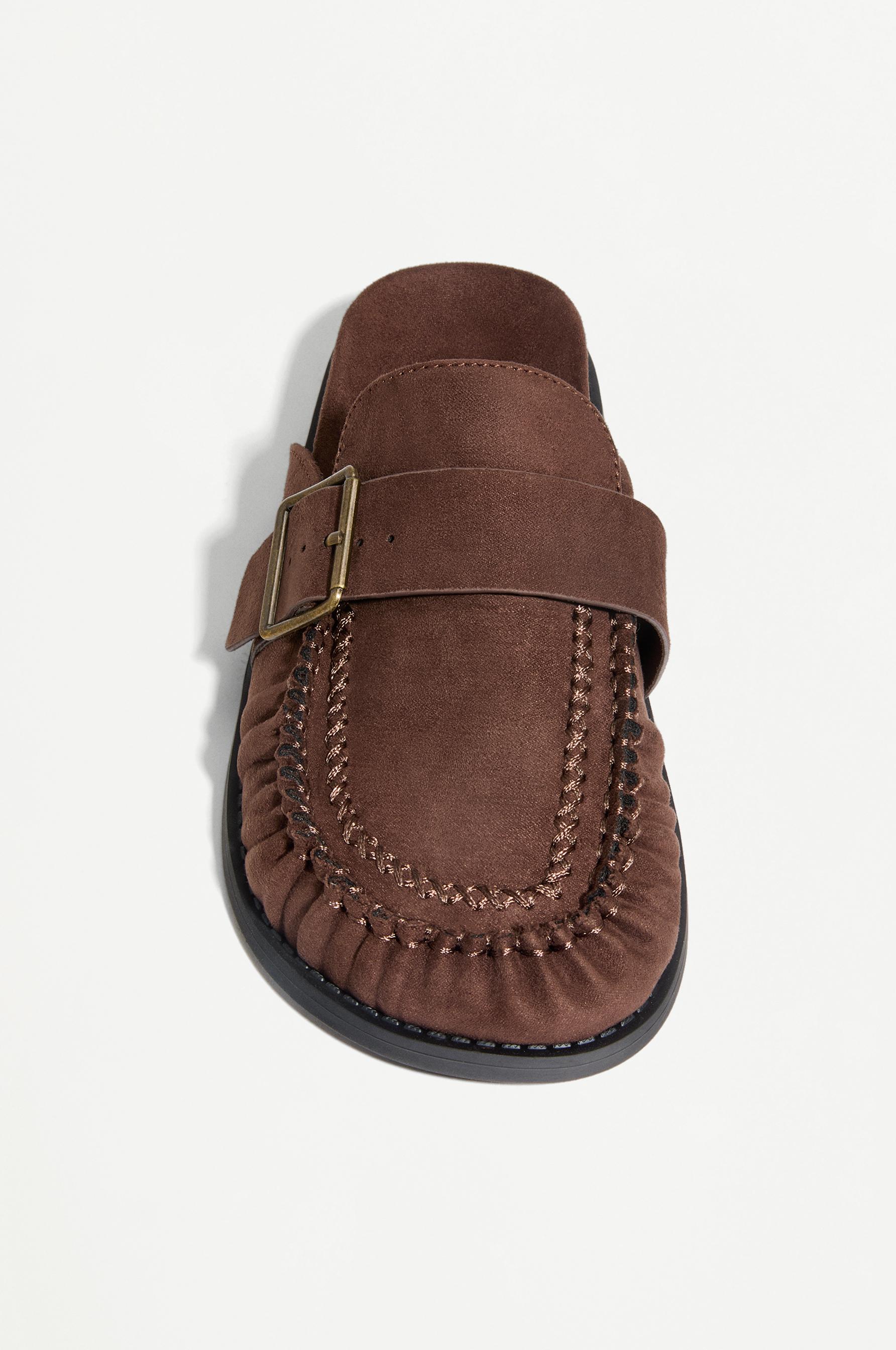 Faux suede buckle clogs — BROWN