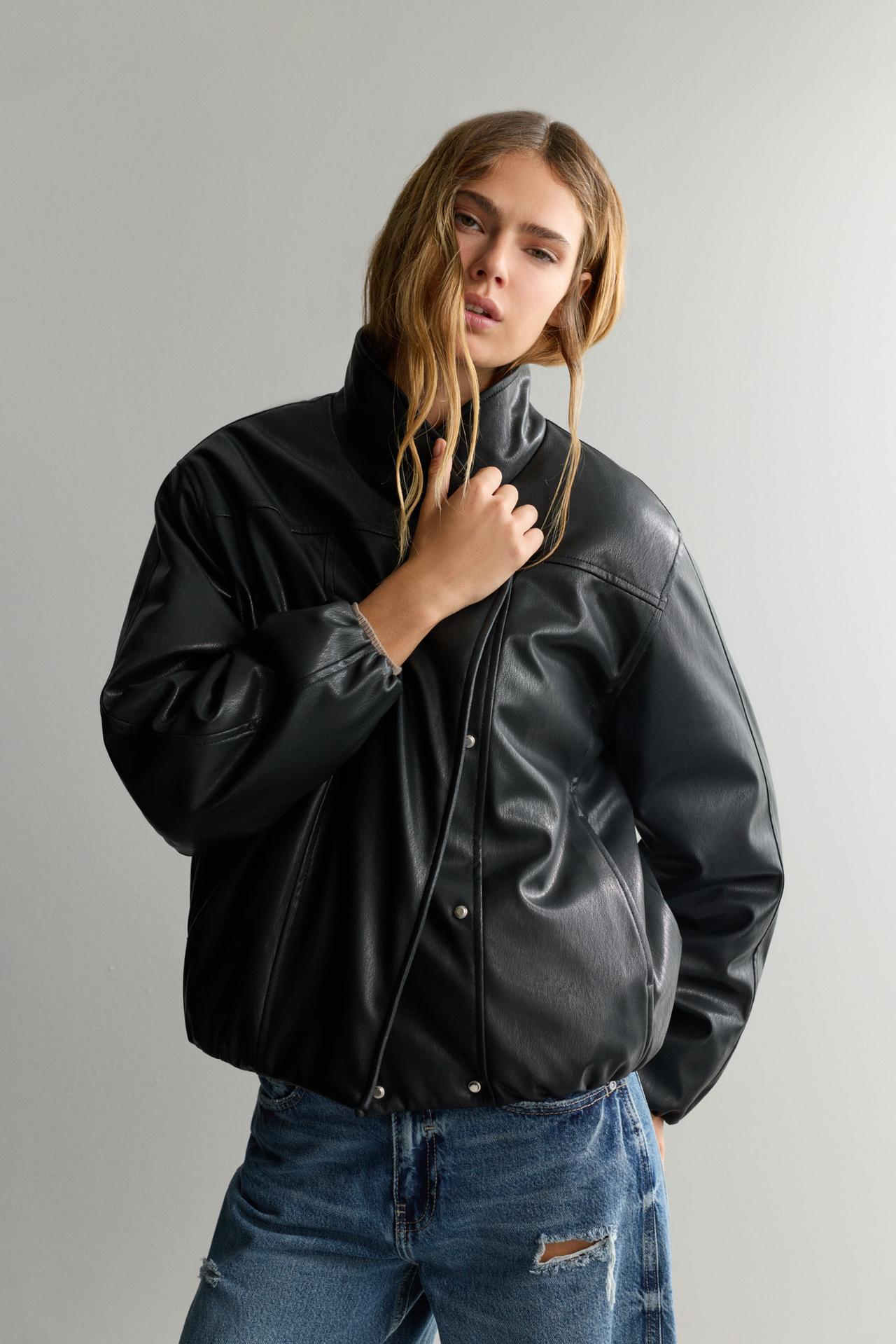 Leather effect wrap puffer jacket — BLACK