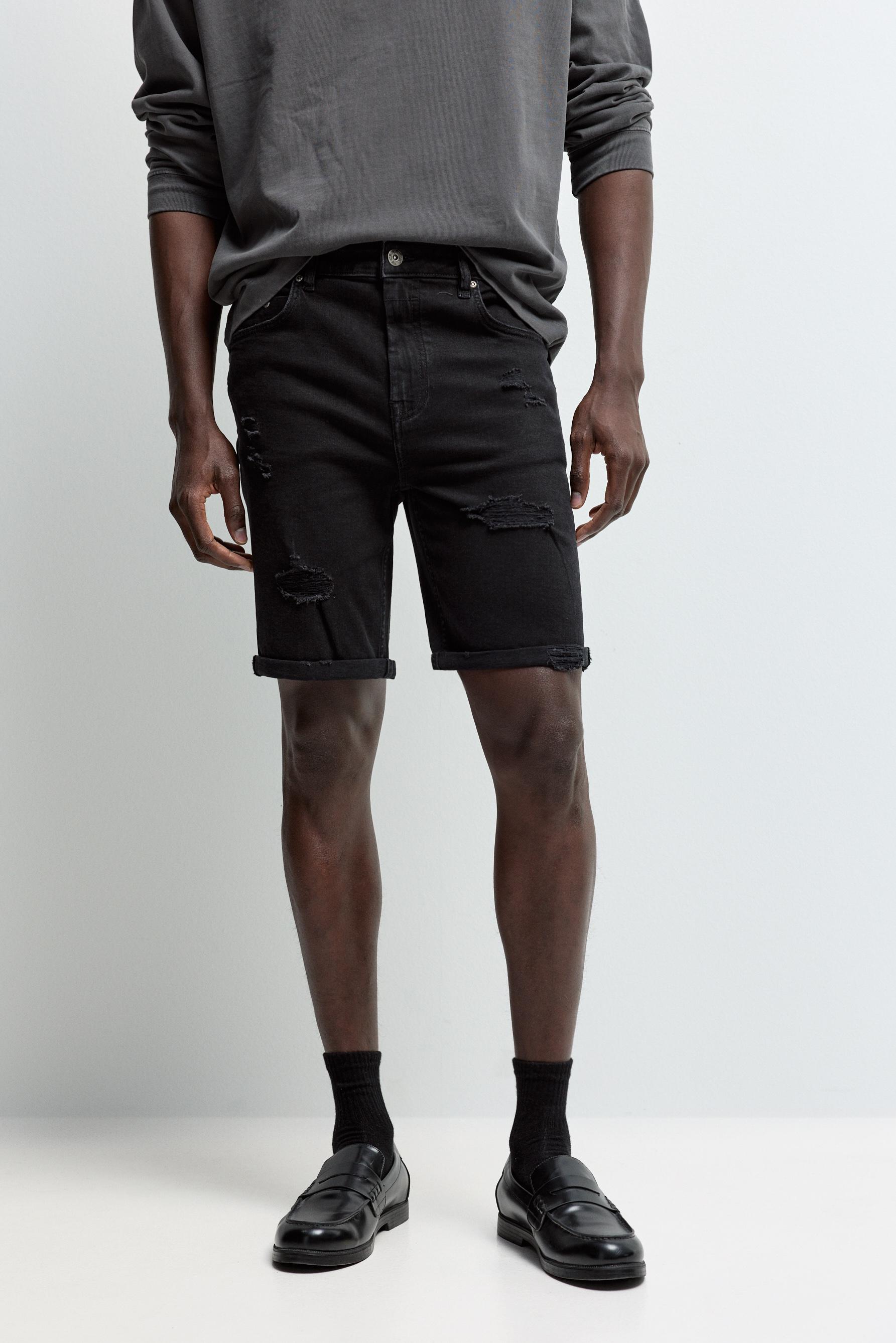 Distressed skinny denim Bermuda shorts — BLACK