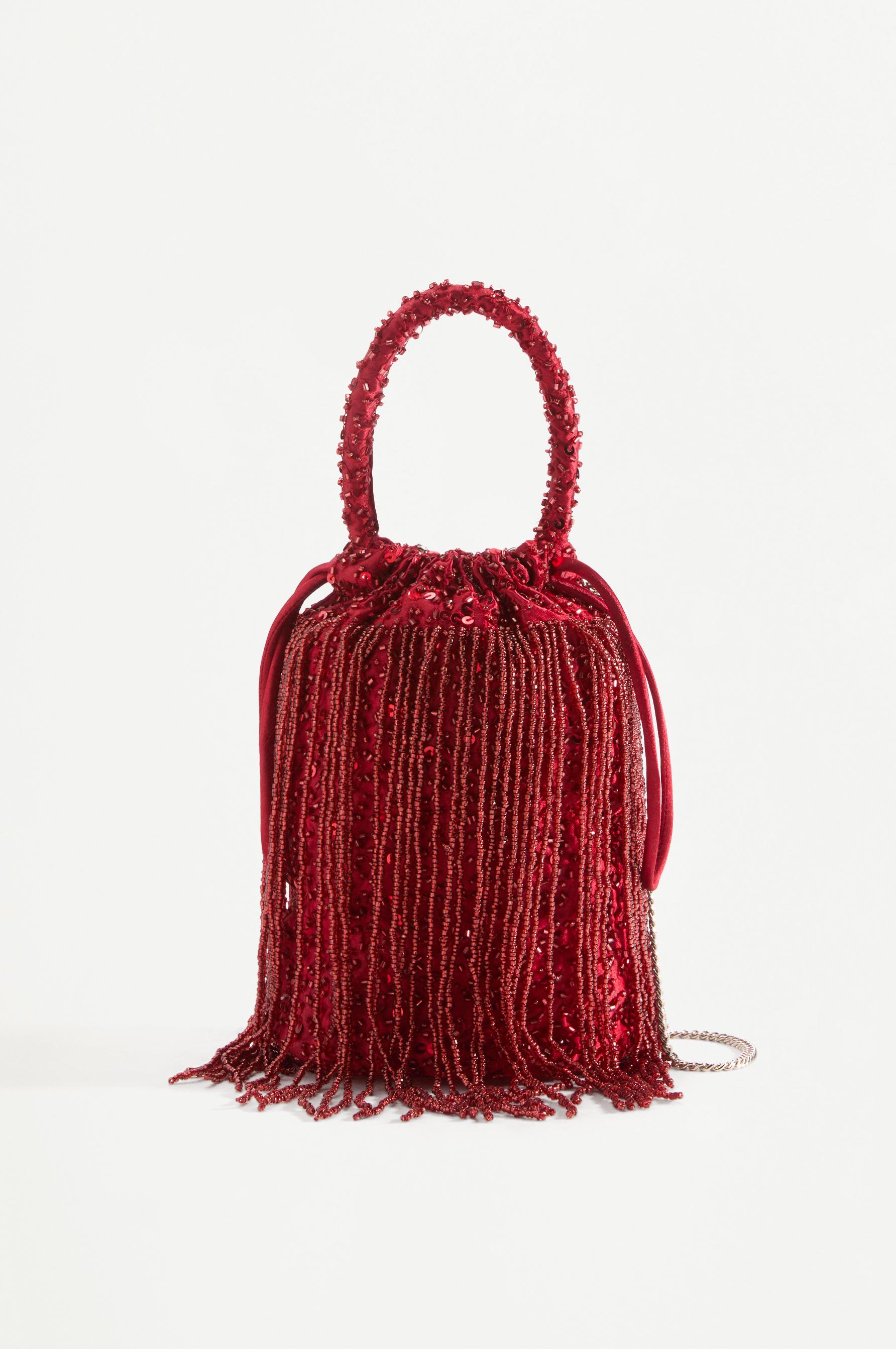 Beaded bucket bag — RED
