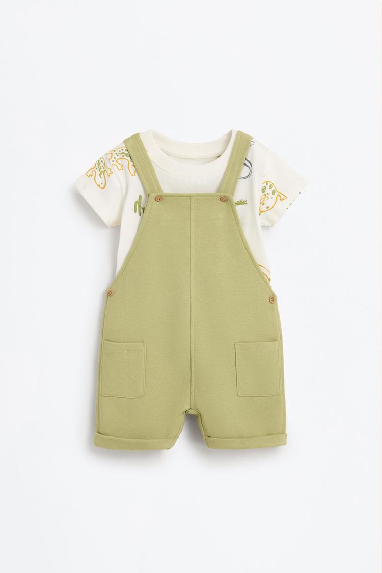 Plush dungarees and T-shirt set — OLIVE GREEN