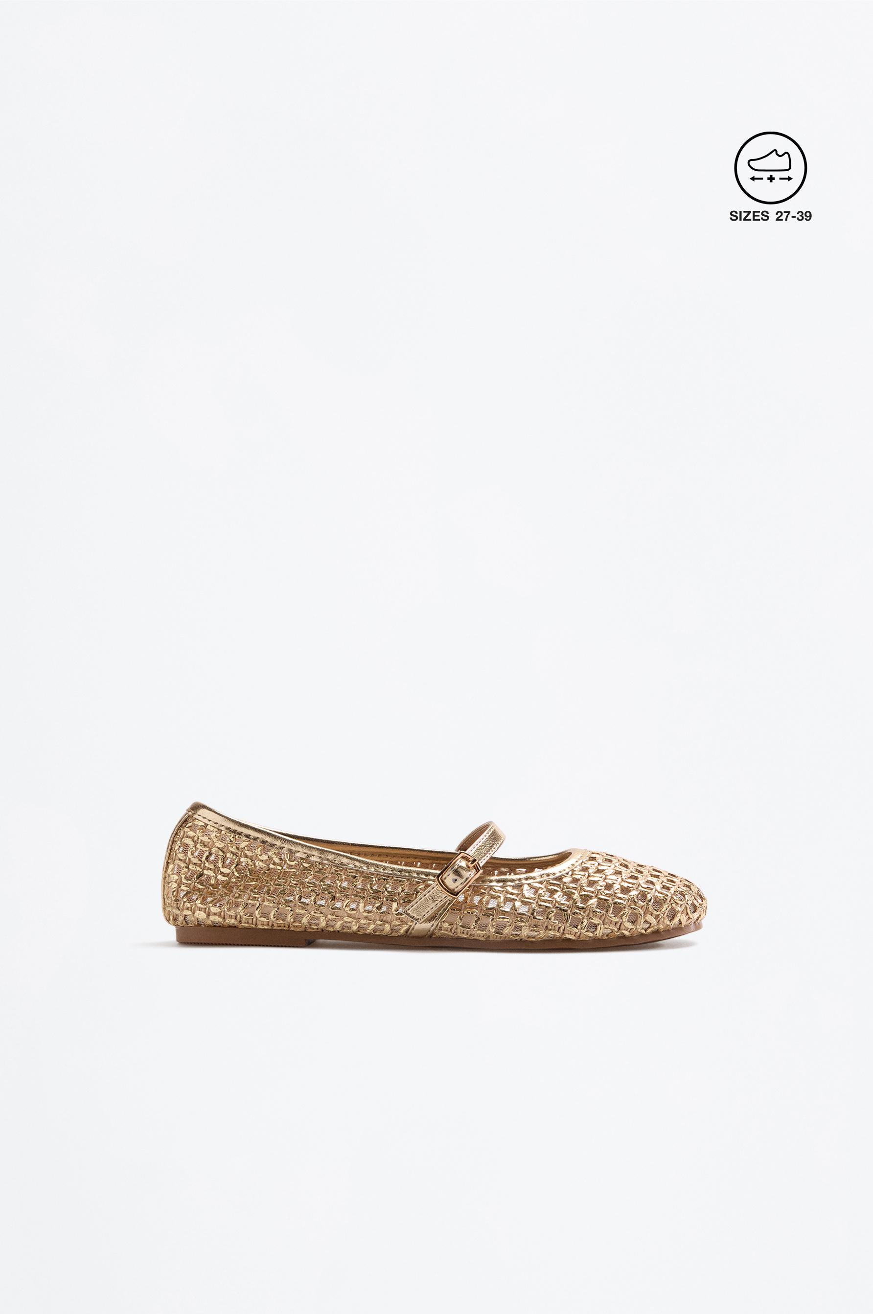 METALLIC MESH BALLET PUMPS — GOLD