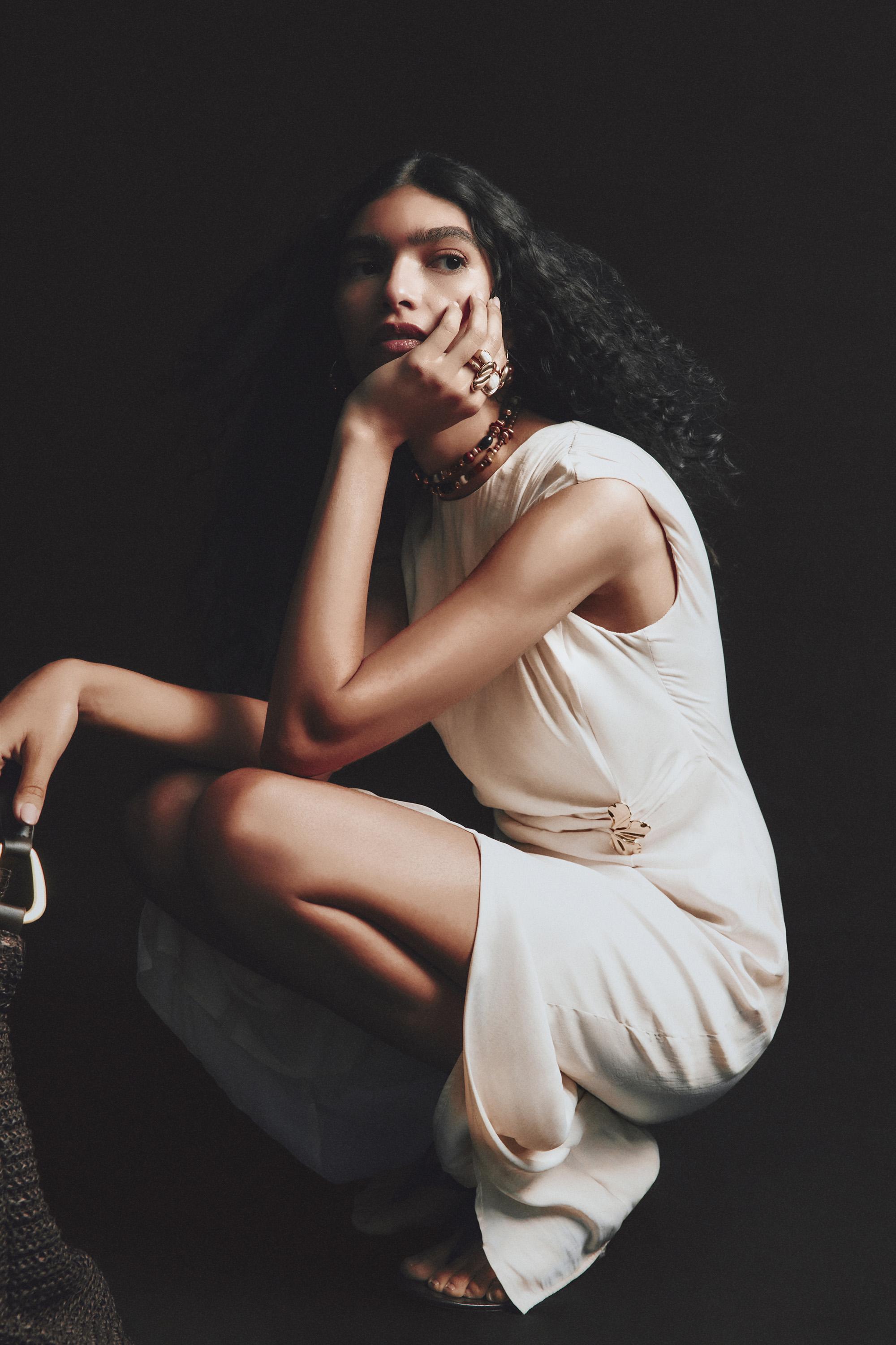 Jewel satin midi dress — CREAM