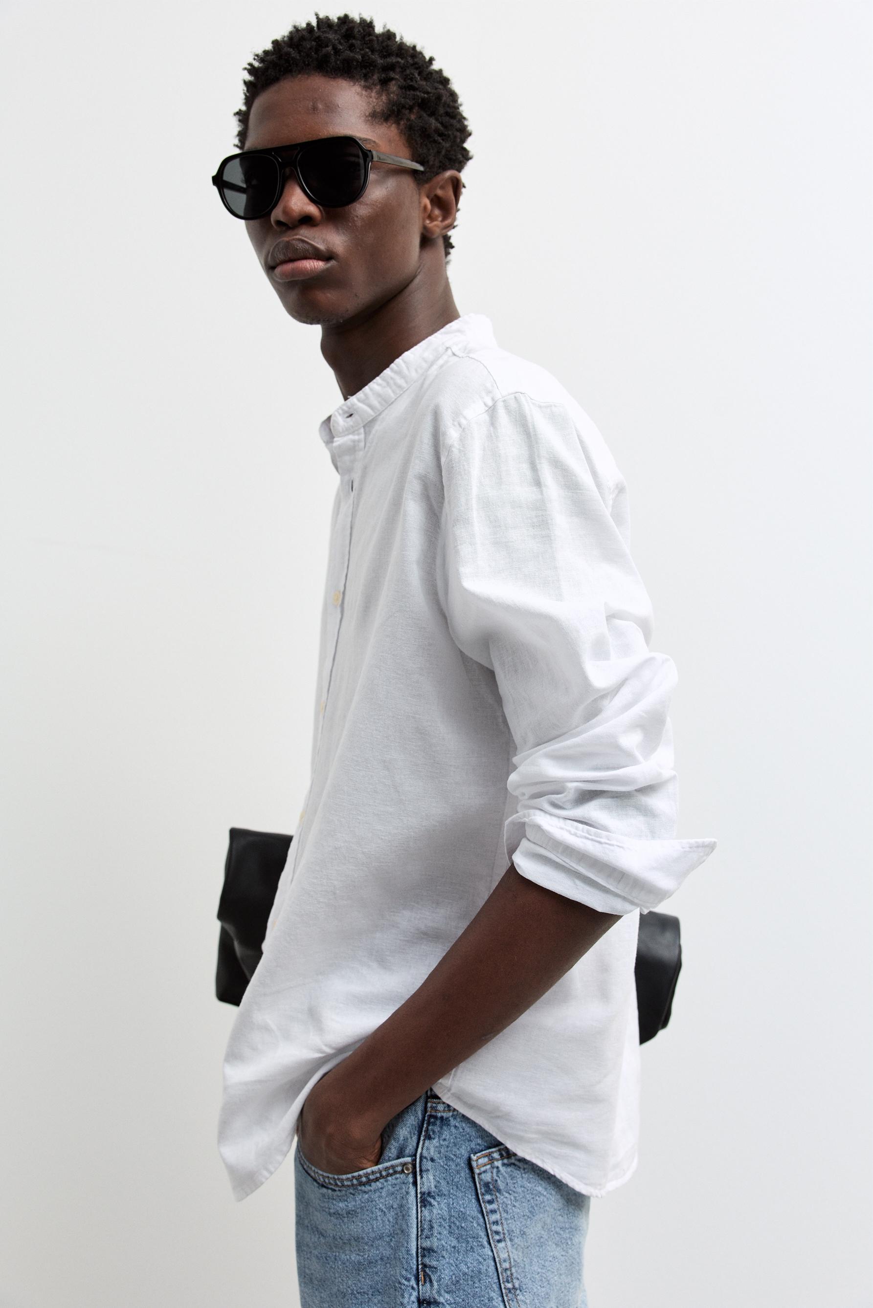 Linen and cotton stand collar shirt — WHITE