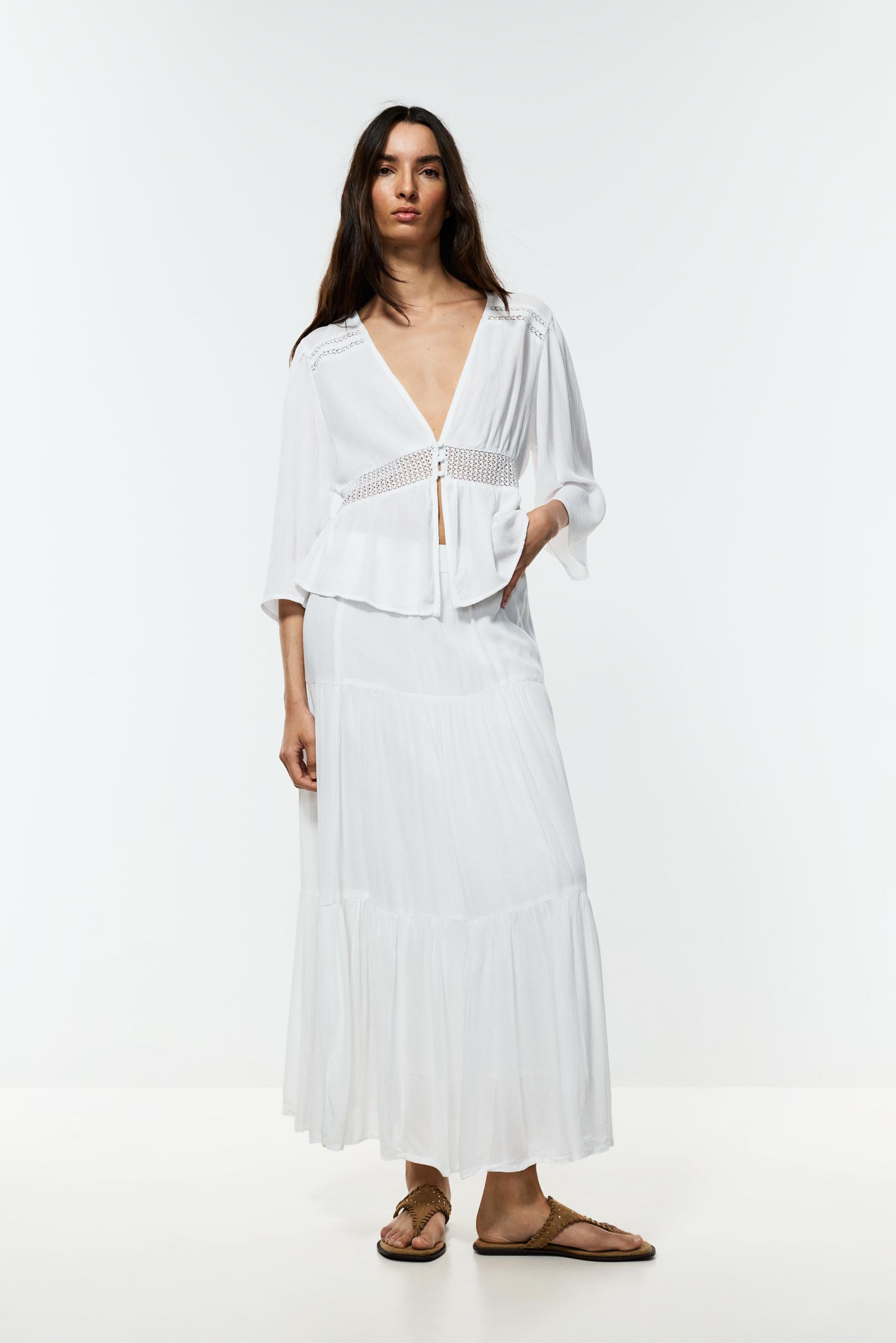 Textured shirt with lace inserts — WHITE