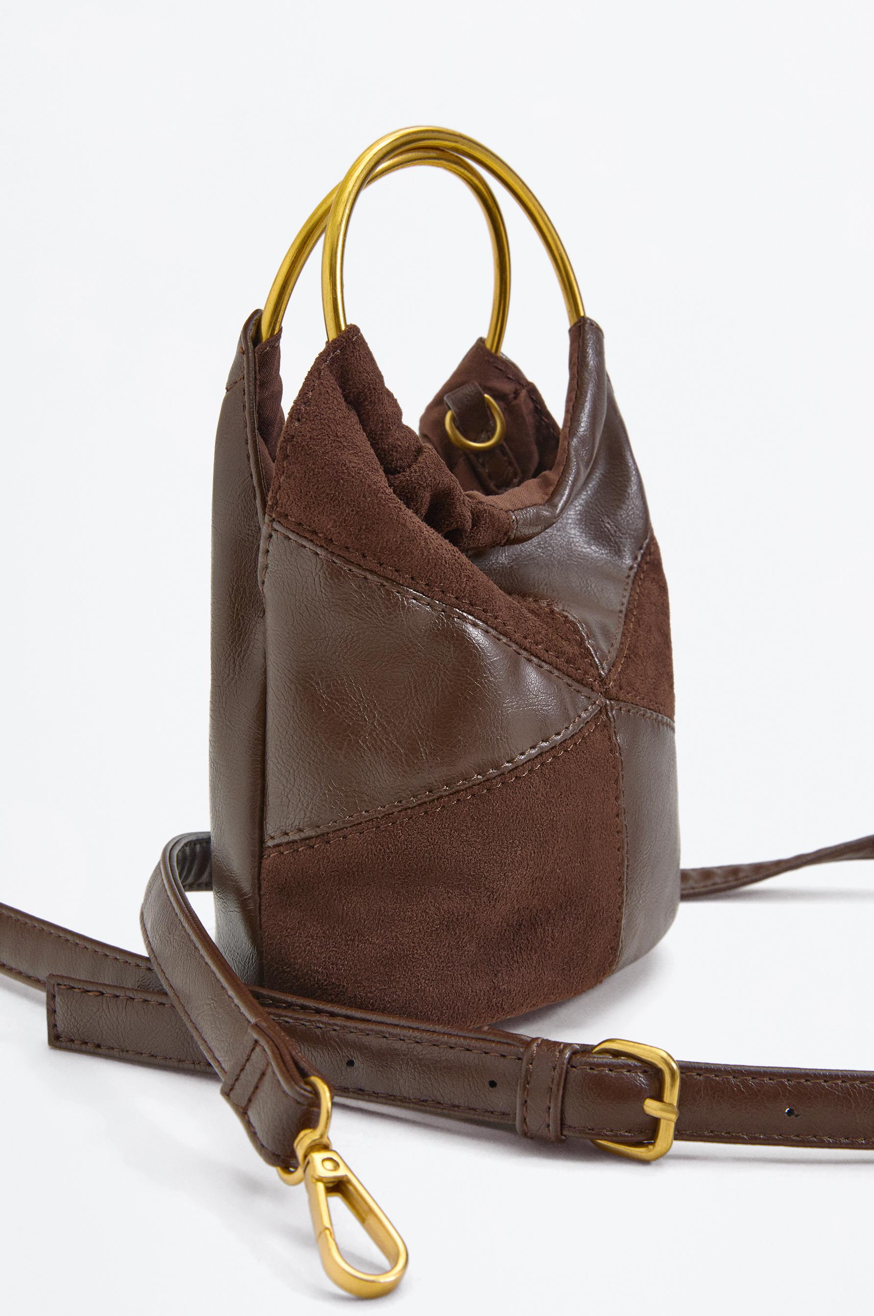 Patchwork crossbody bag with metal handle — BROWN