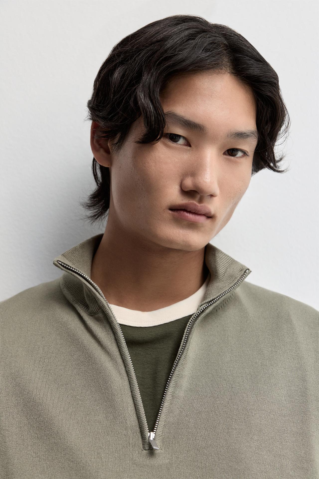 Zip-up high neck sweater — KHAKI