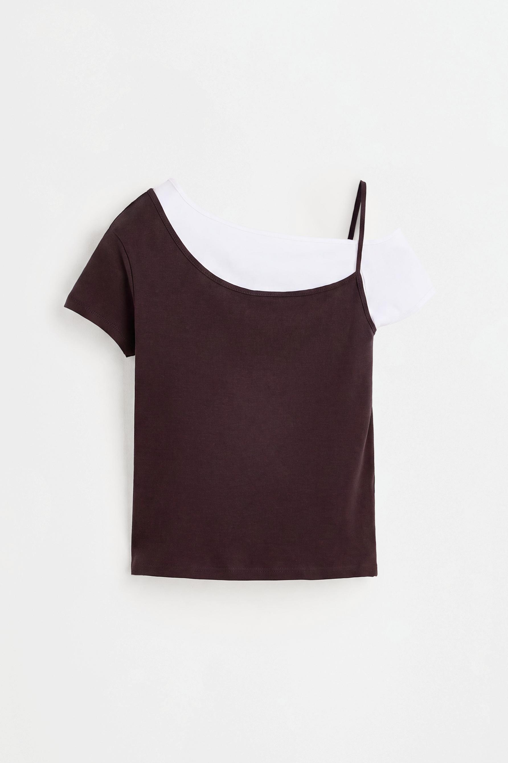 Asymmetric double-layer T-shirt — DARK BROWN
