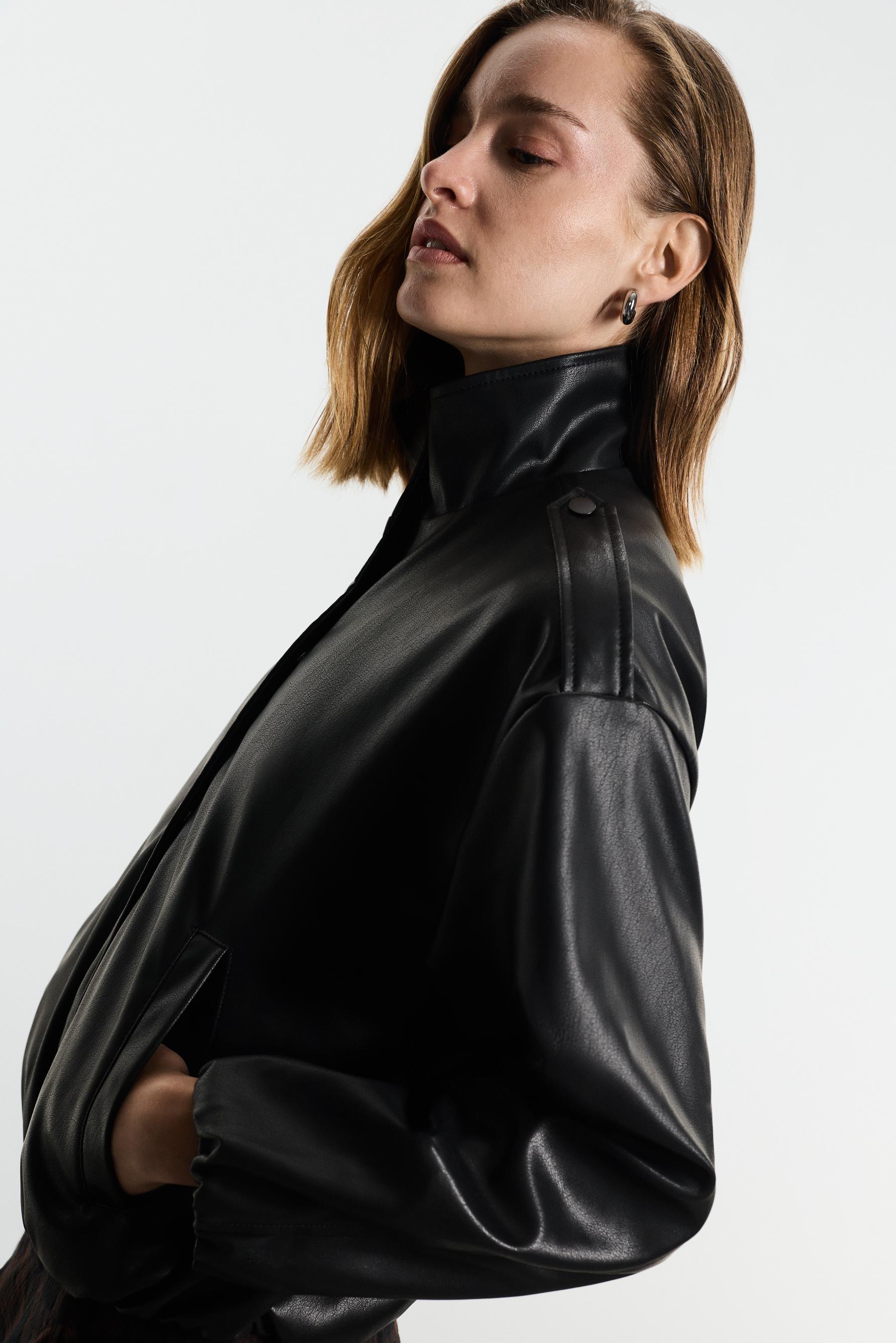 Cropped leather effect bomber jacket — BLACK