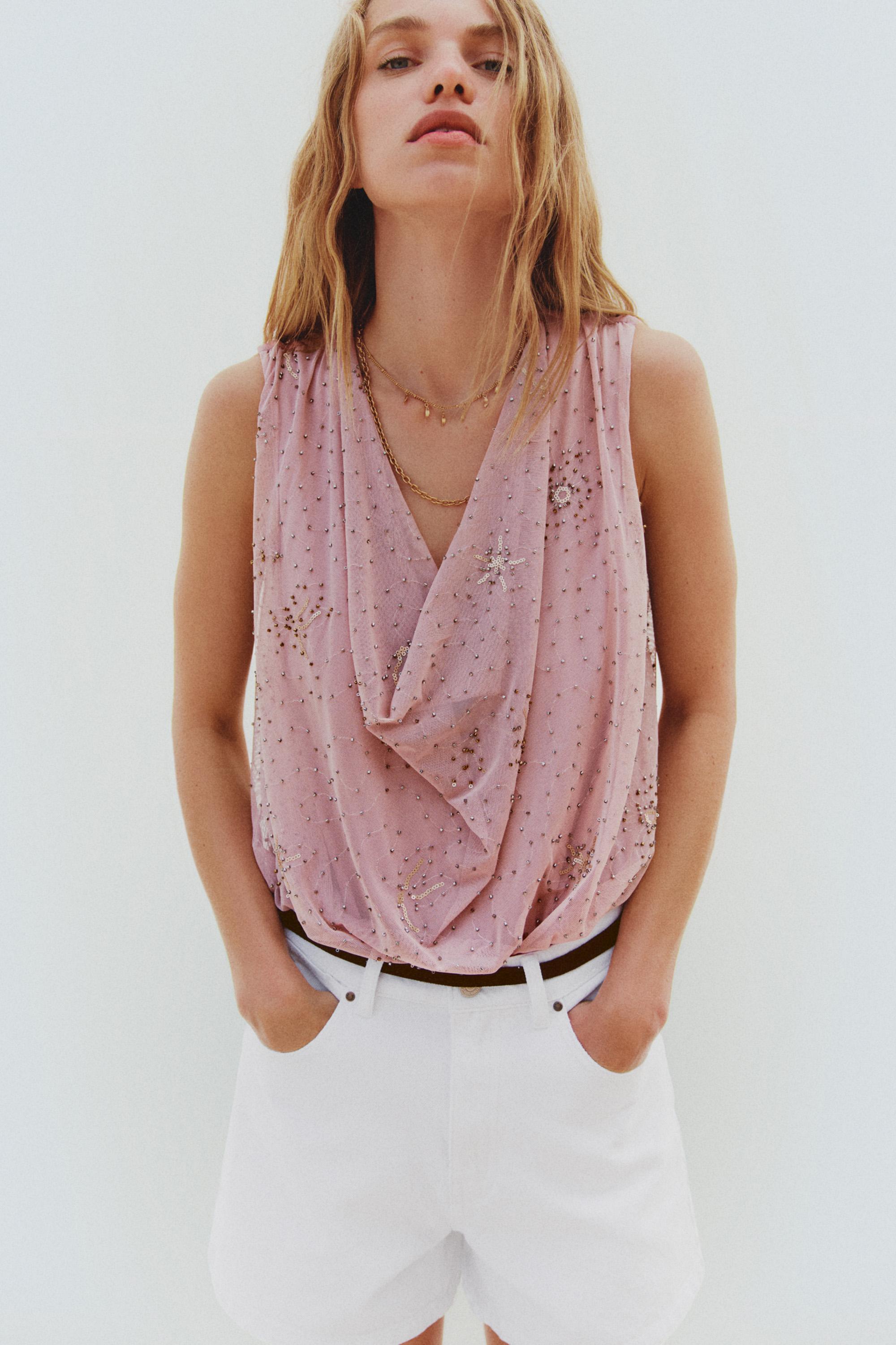 Rhinestone embroidered bodysuit — PINK