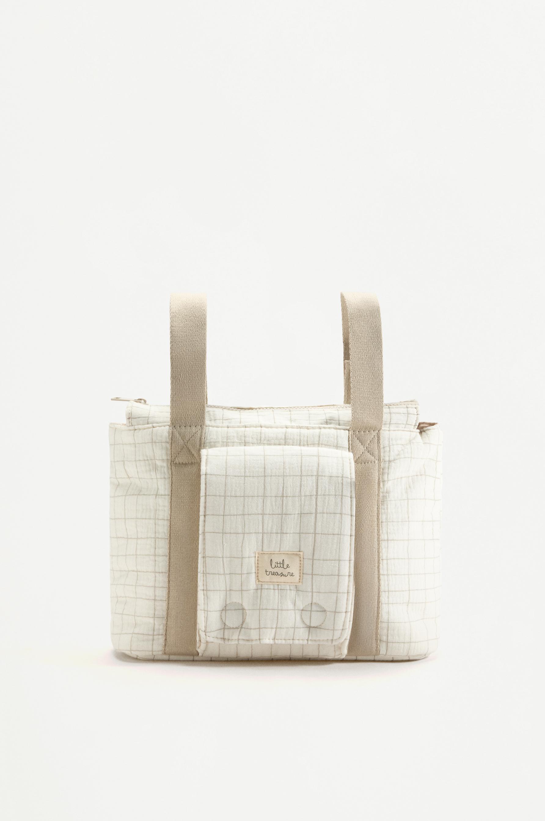 Check print maternity tote bag — ECRU