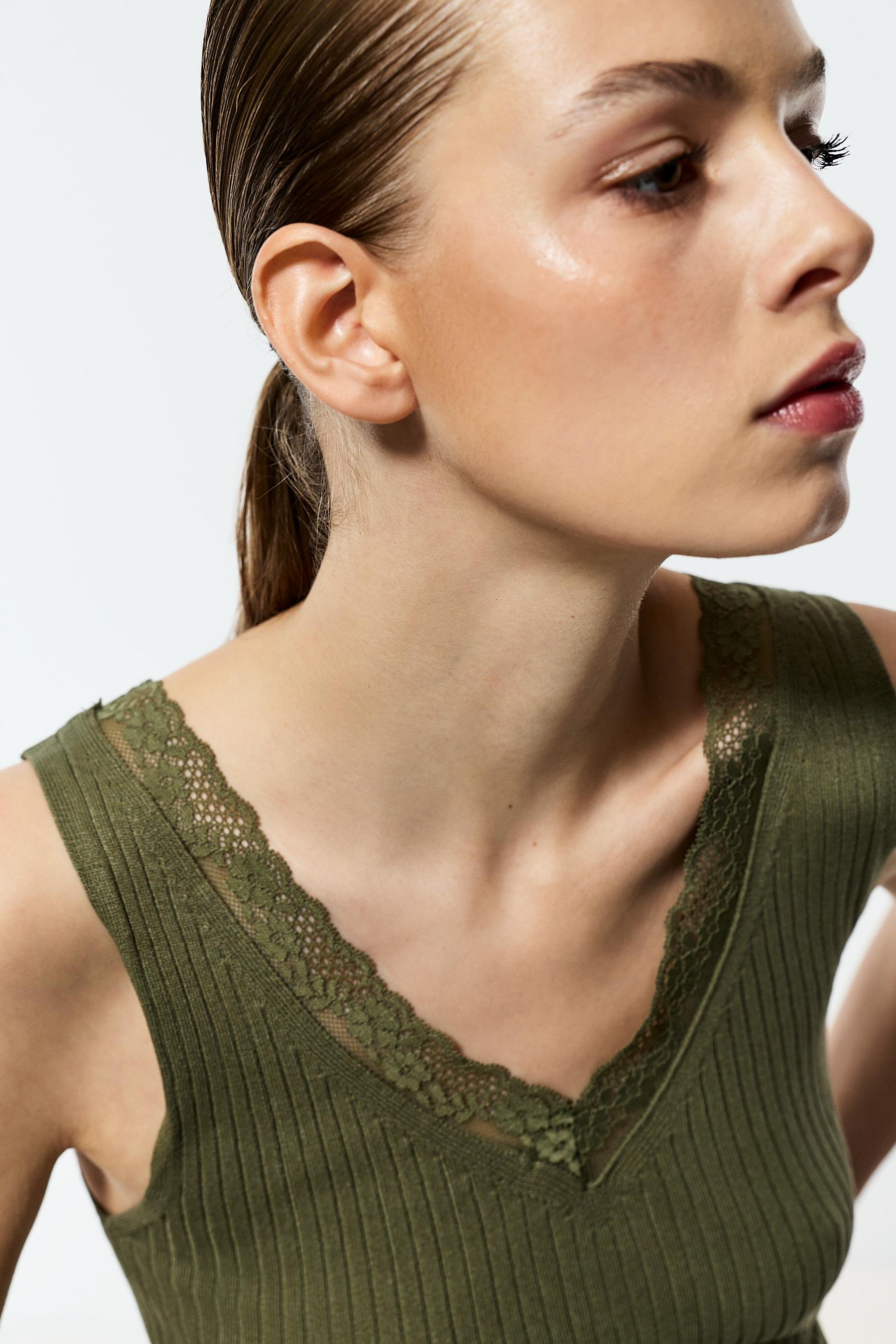 Ribbed lace knit top — KHAKI