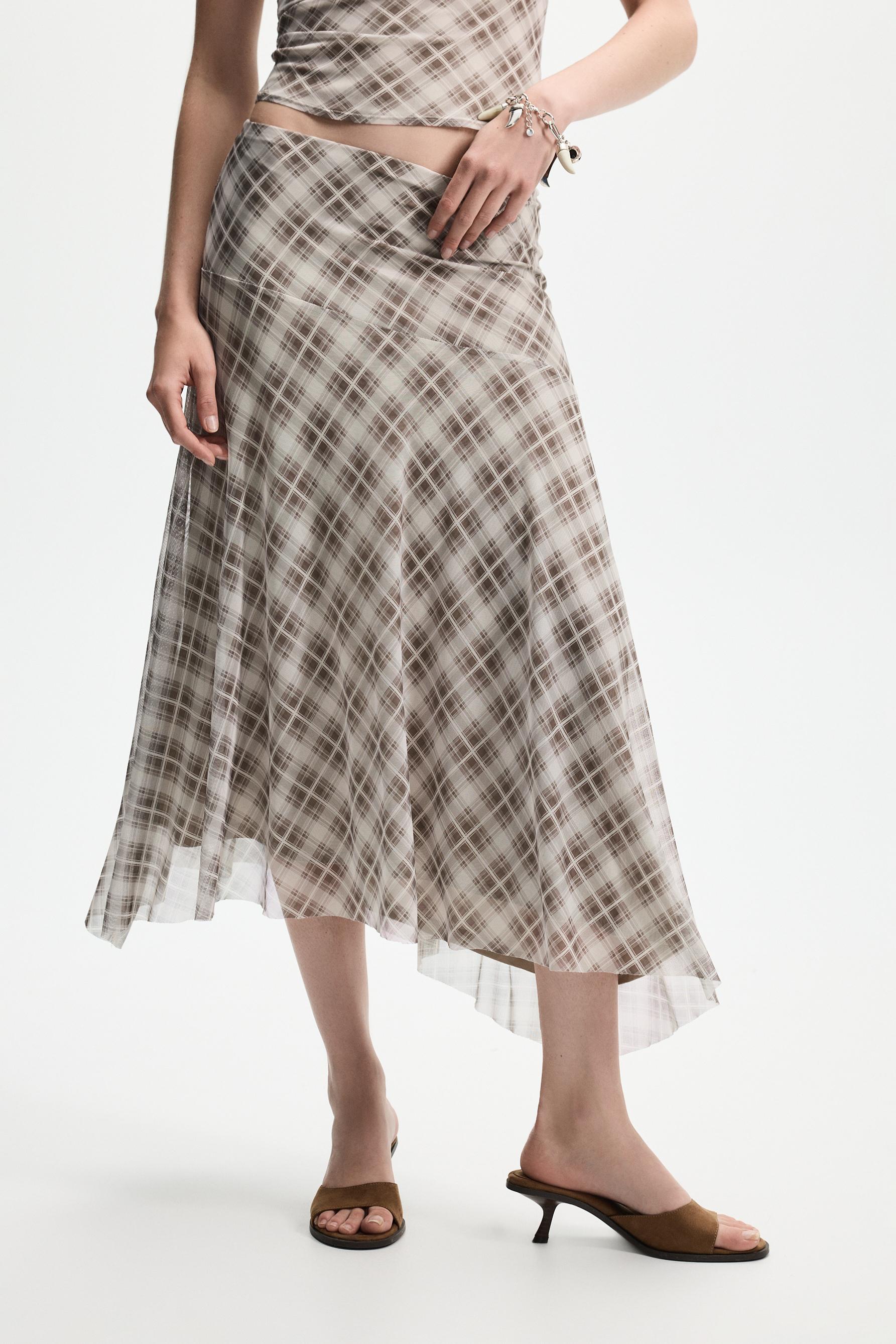 Plaid midi skirt — ECRU/BROWN