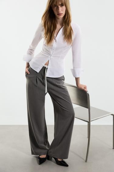 Striped contrast waistband trousers — GREY MARL 1