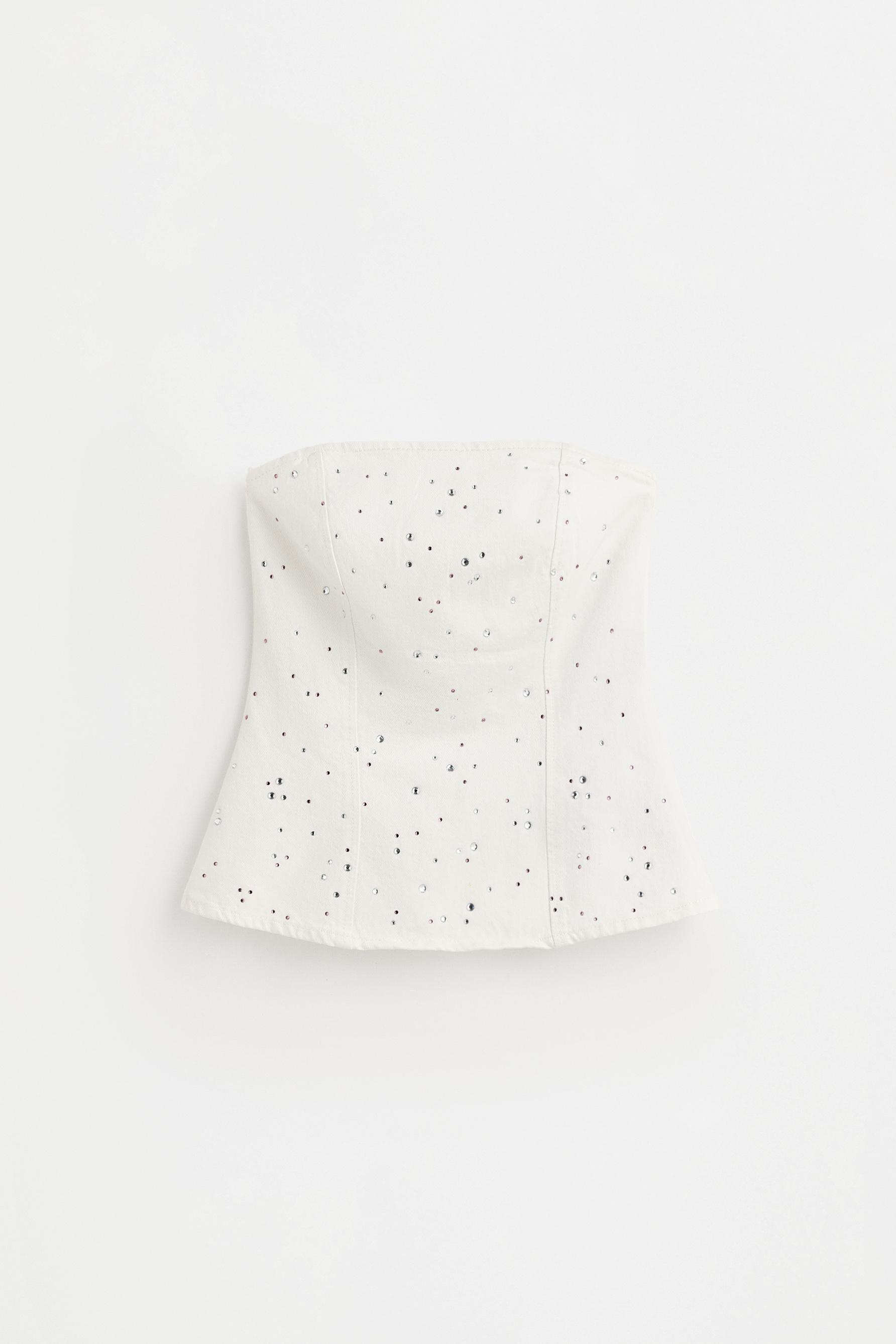 Denim bandeau top with rhinestones — WHITE