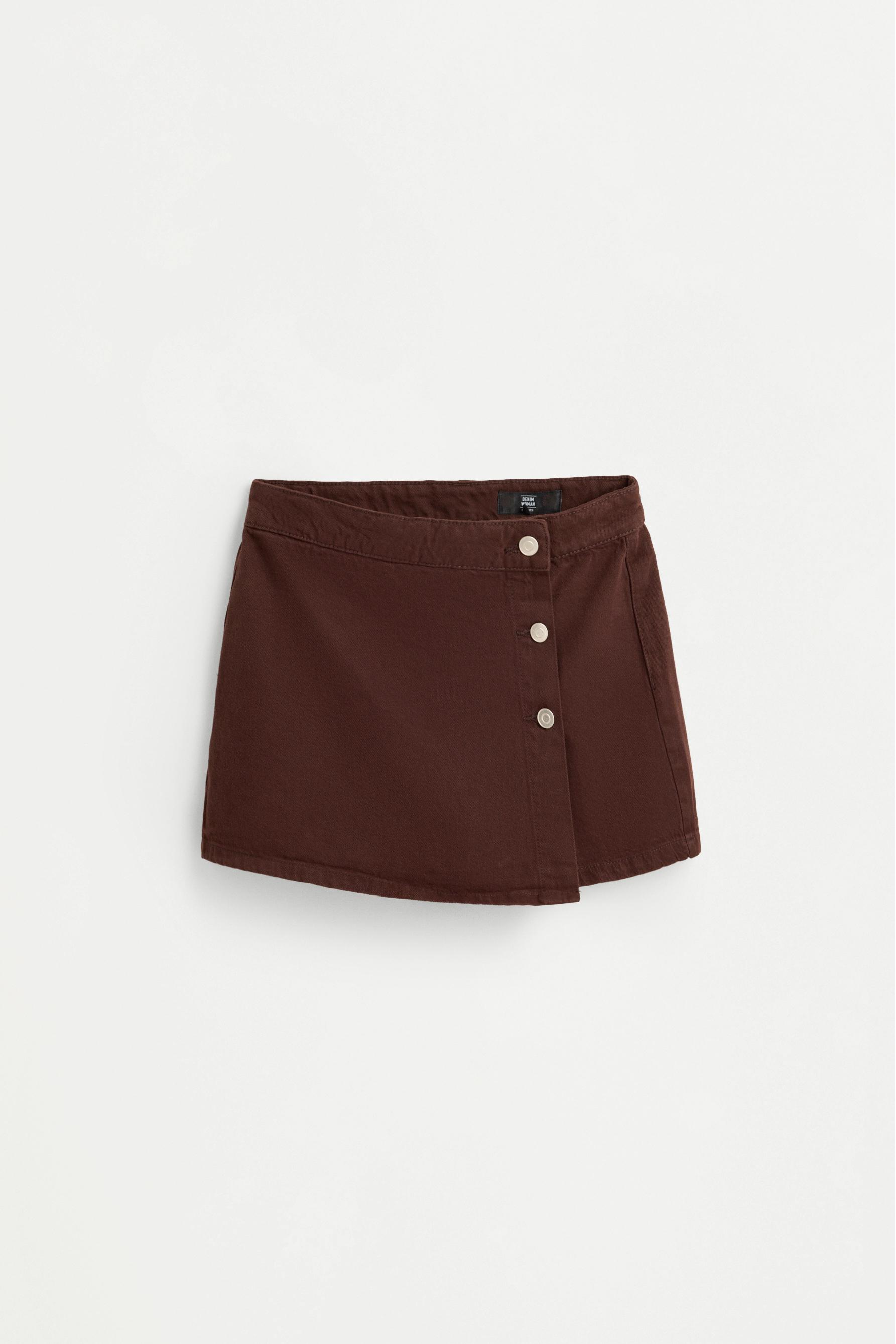 Denim button-front skort — BROWN MARL