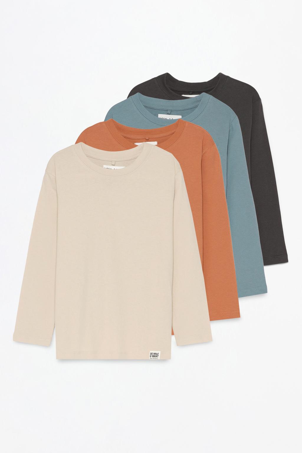 Pack of 4 plain long sleeve T-shirts.