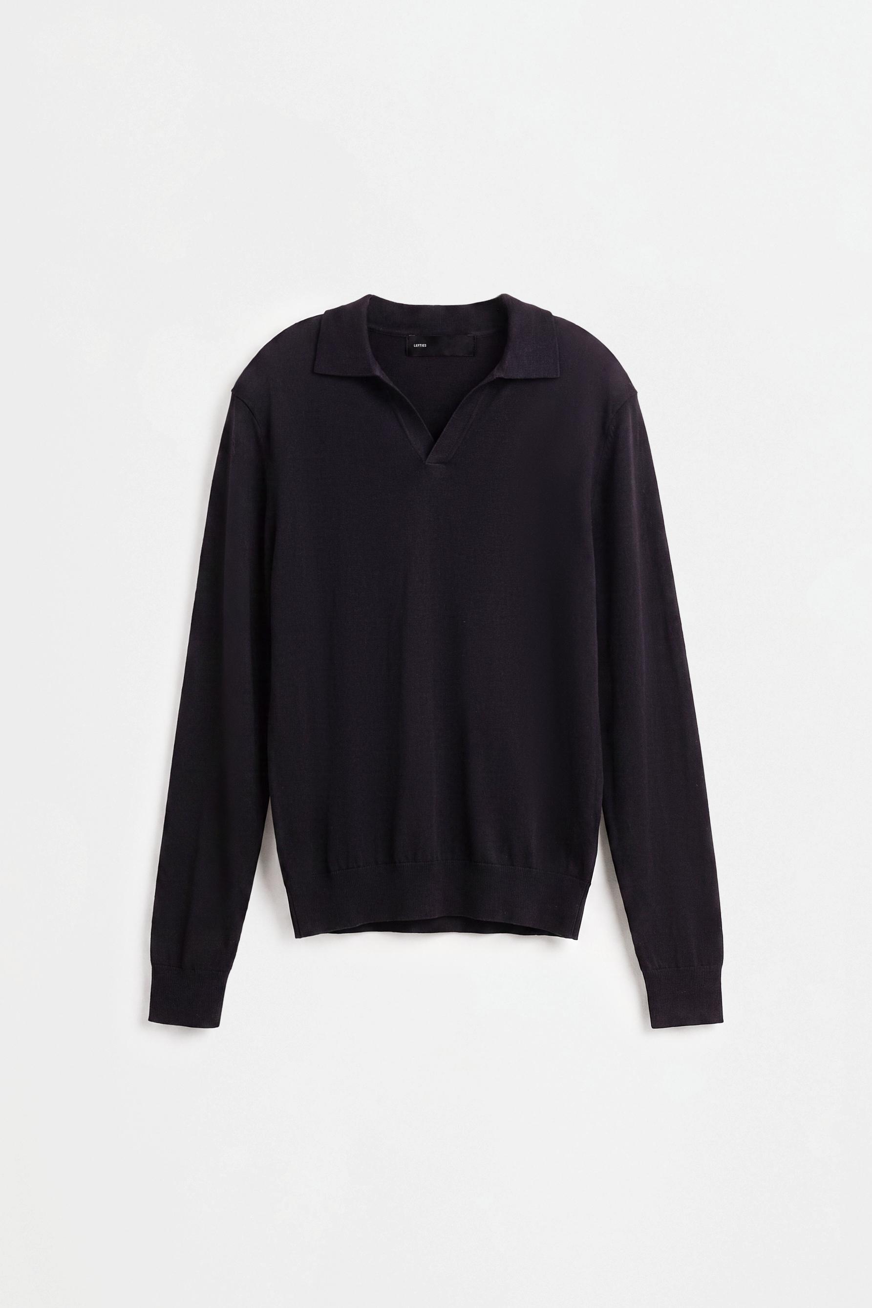 Long sleeve knit polo shirt — BLACK
