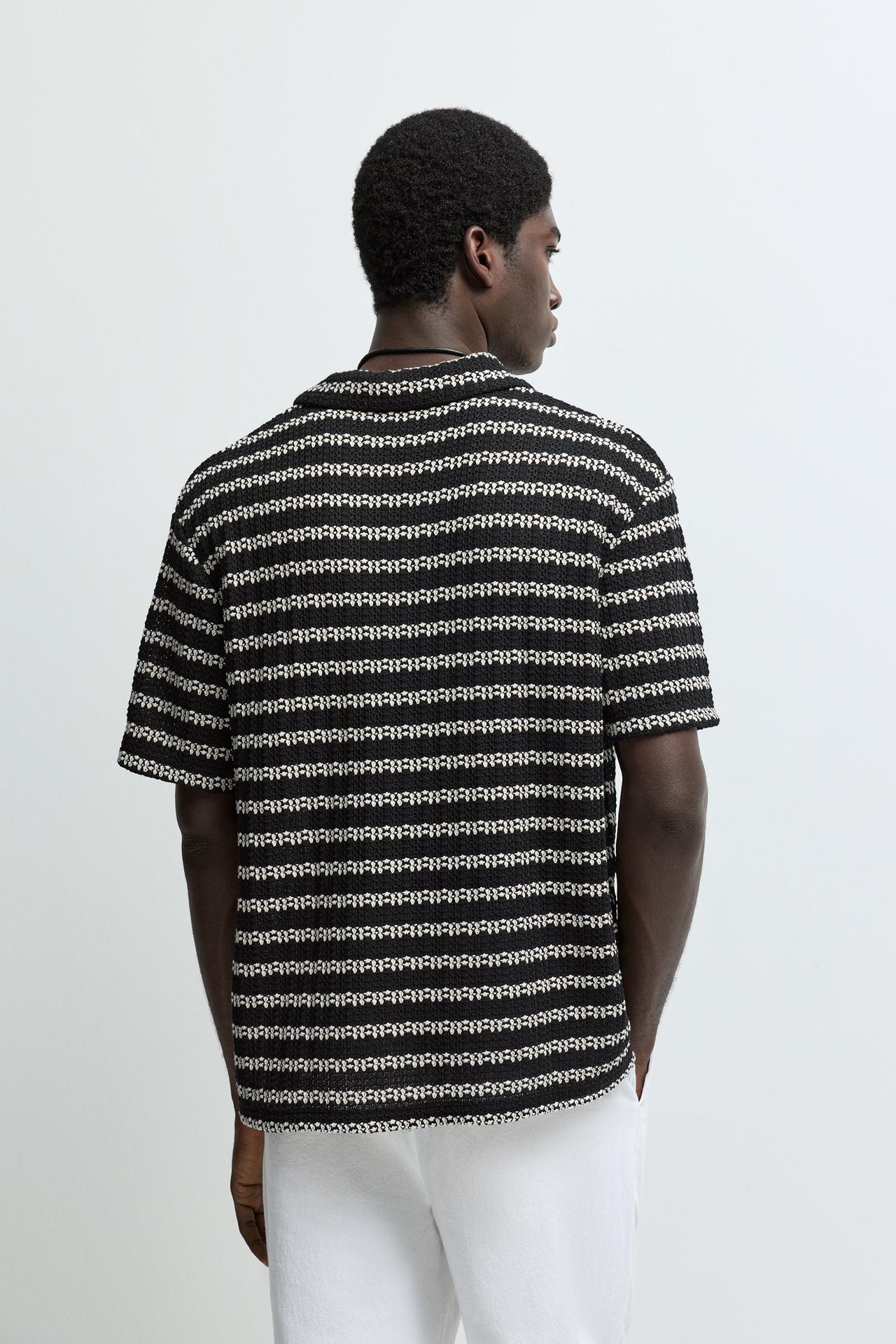 Textured striped polo shirt — BLACK