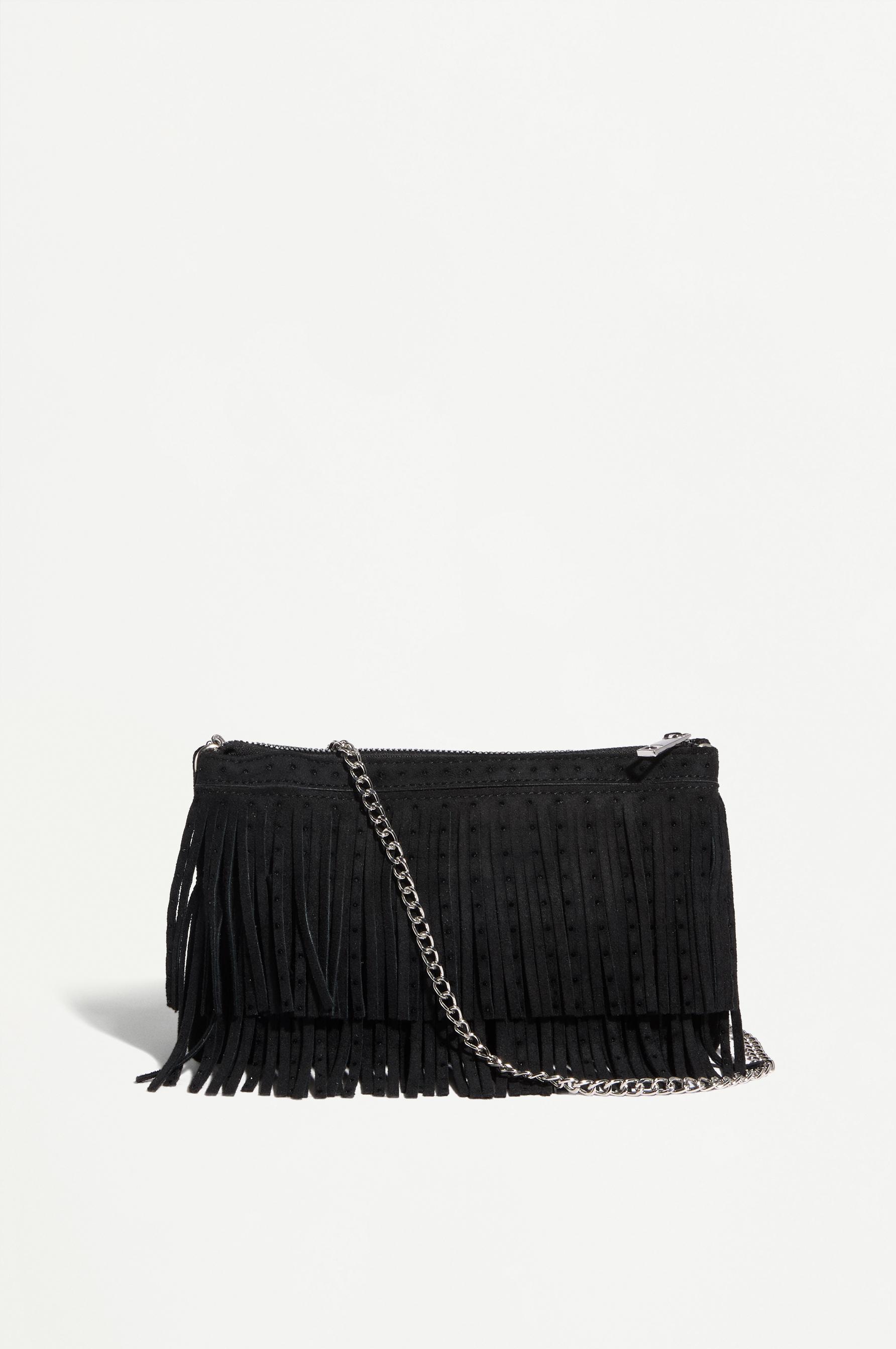 Fringed crossbody bag with rhinestones — BLACK