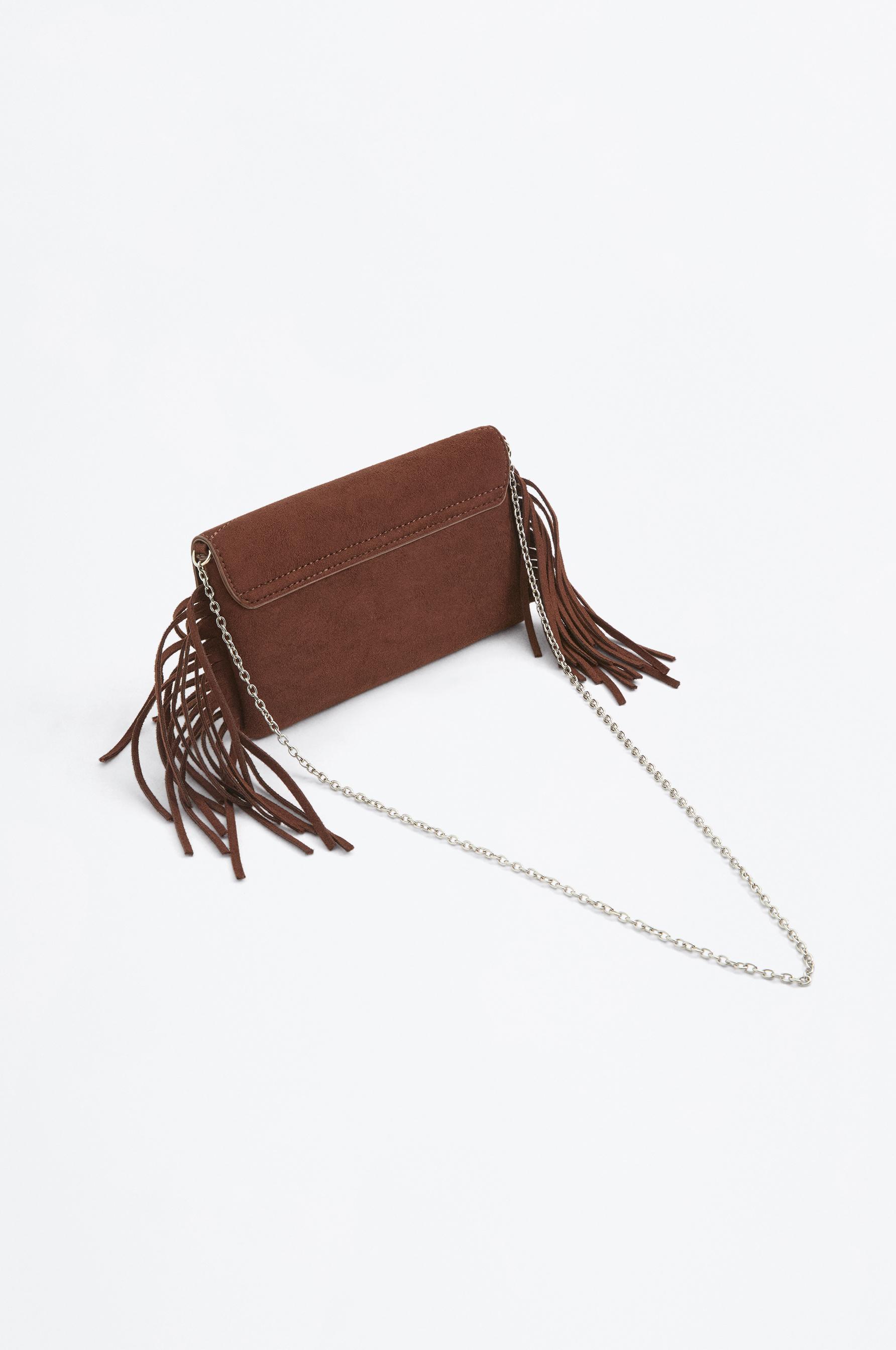 Fringed crossbody bag with flower detail — BROWN