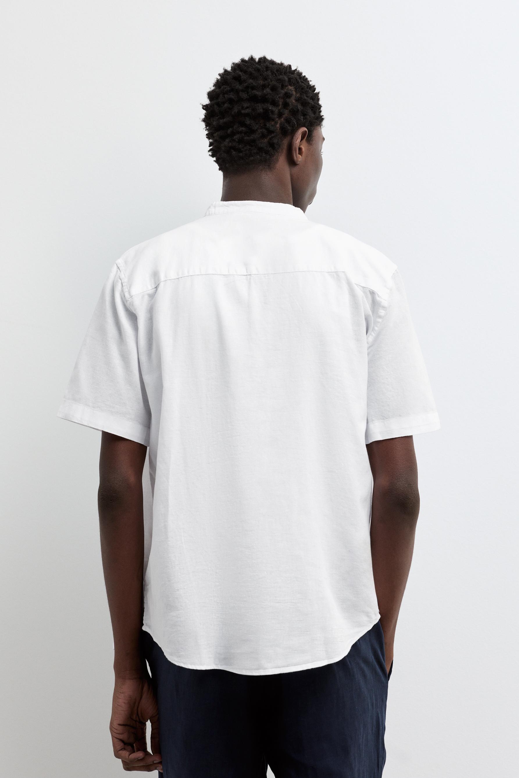 Linen-cotton stand collar shirt — WHITE