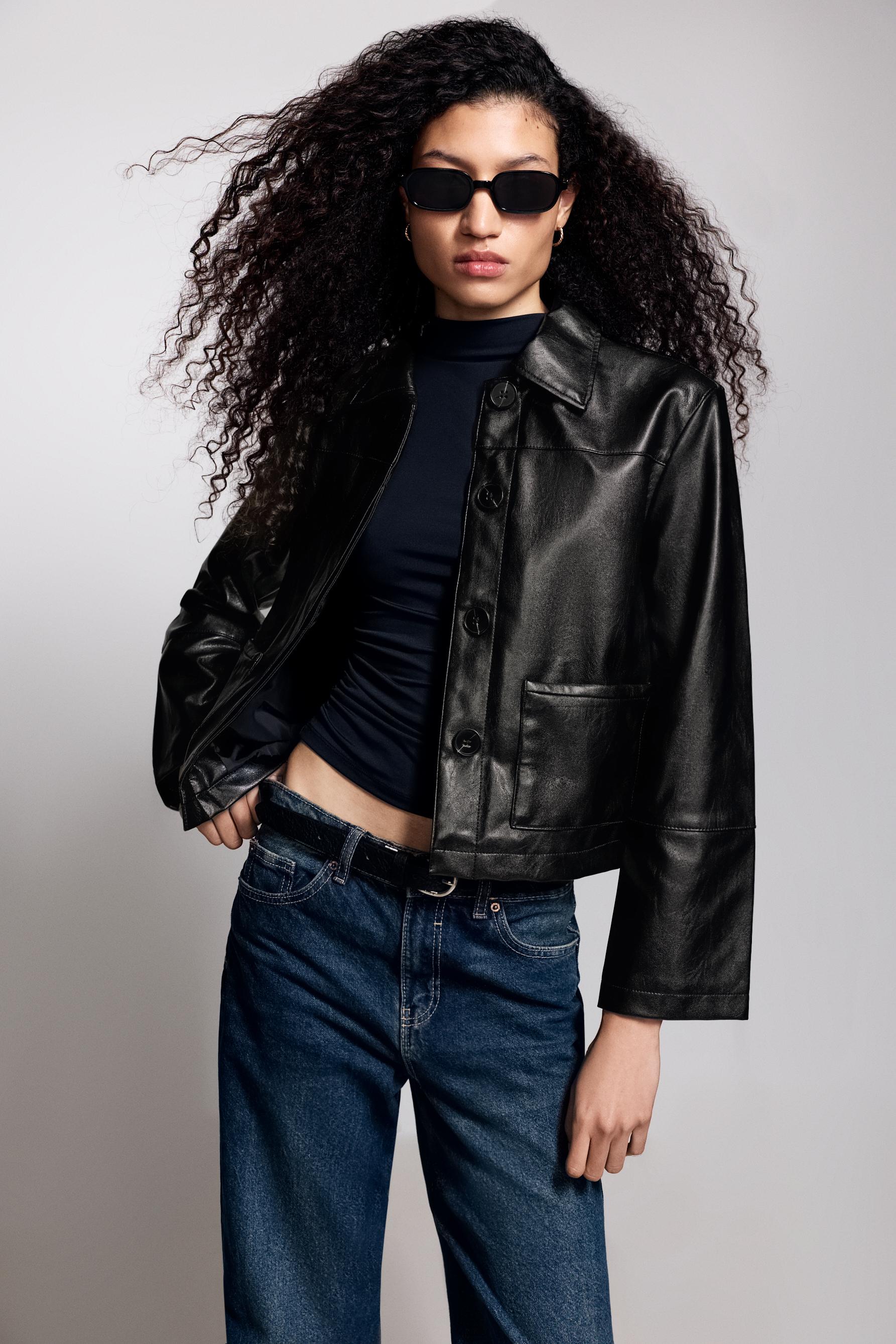 Leather effect pocket jacket — BLACK