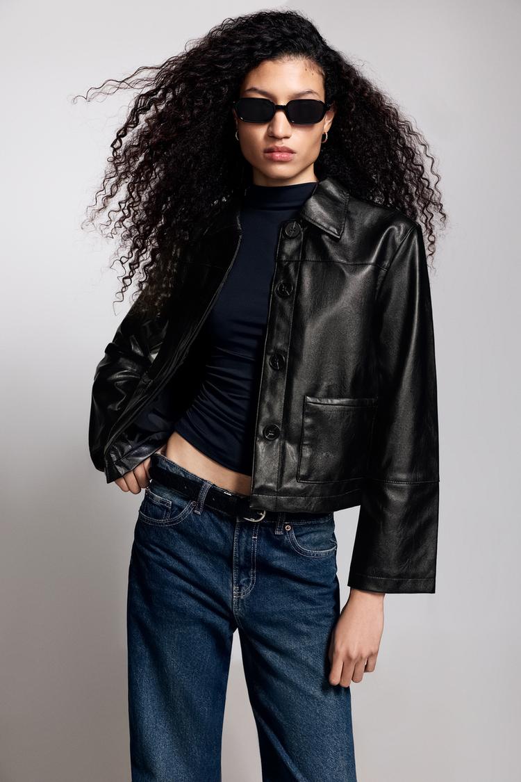 Leather effect pocket jacket — BLACK