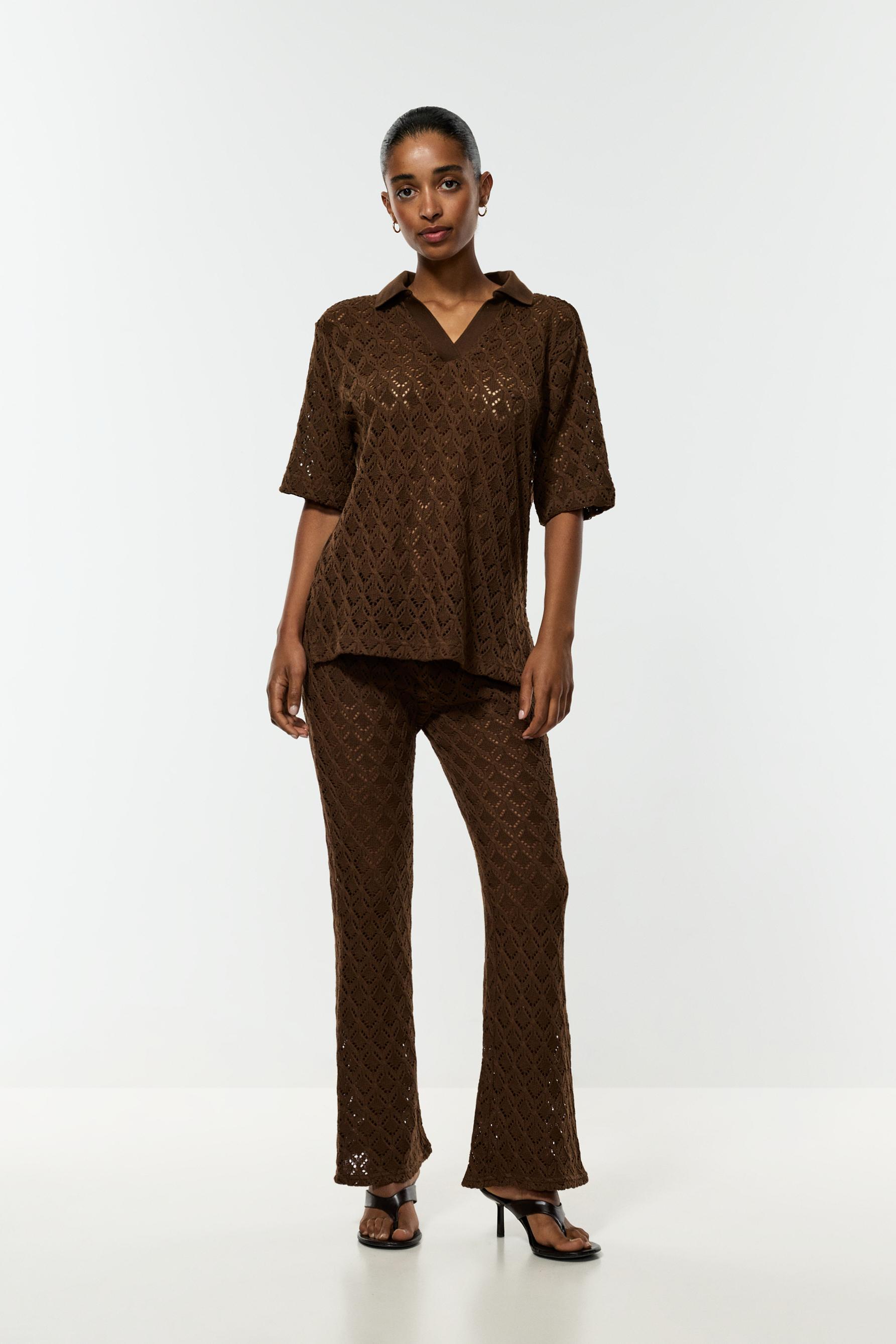 Crochet-effect polo shirt — BROWN