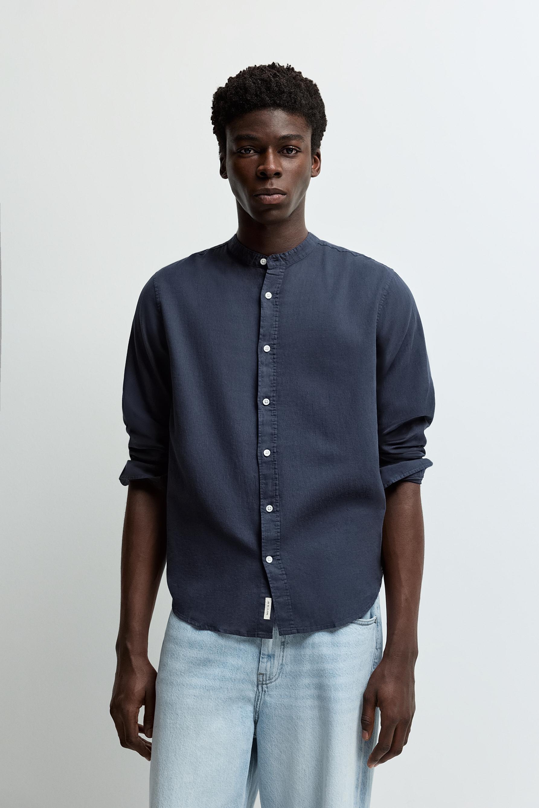 Linen and cotton stand collar shirt — NAVY