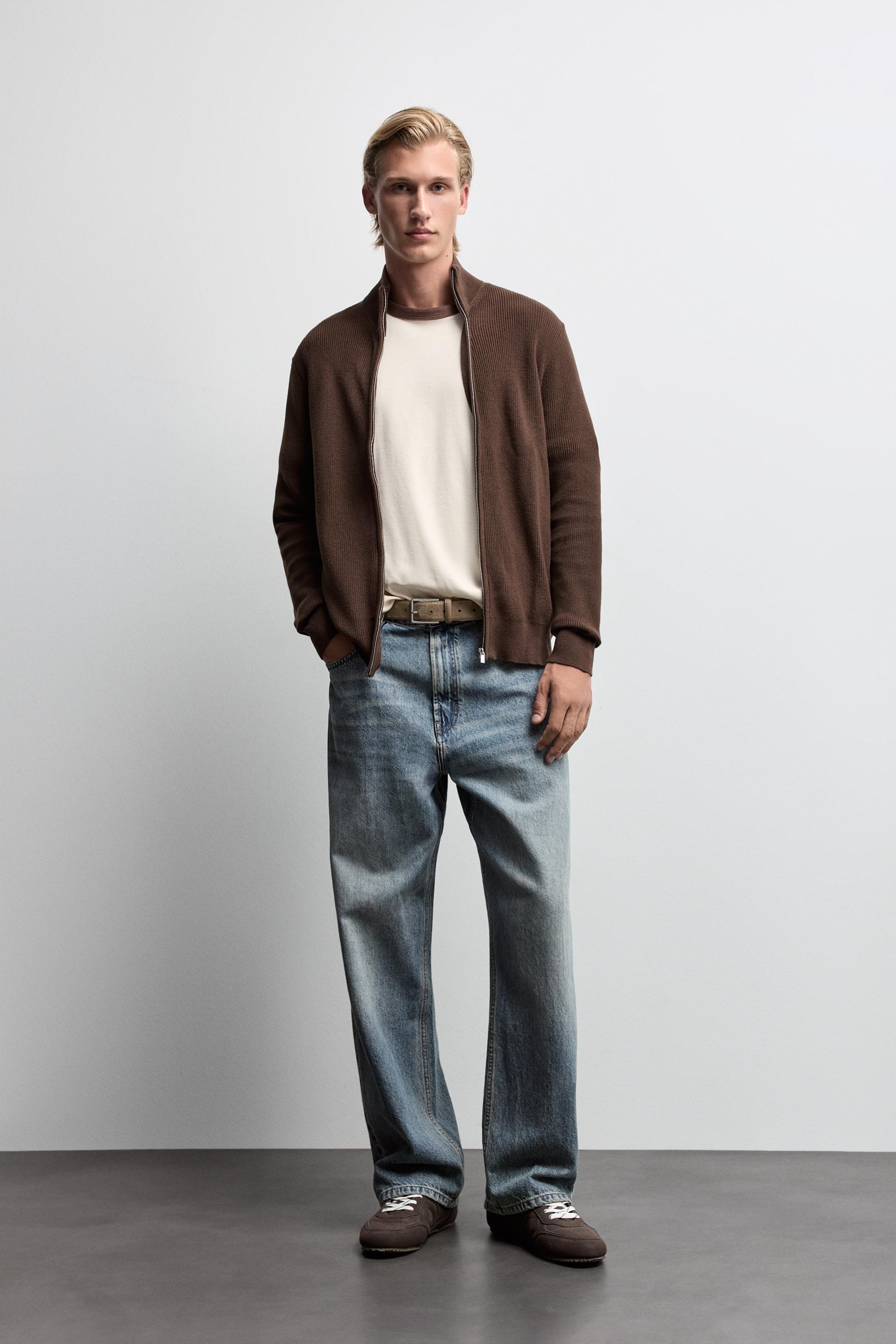 Zip-up knit cardigan — BROWN