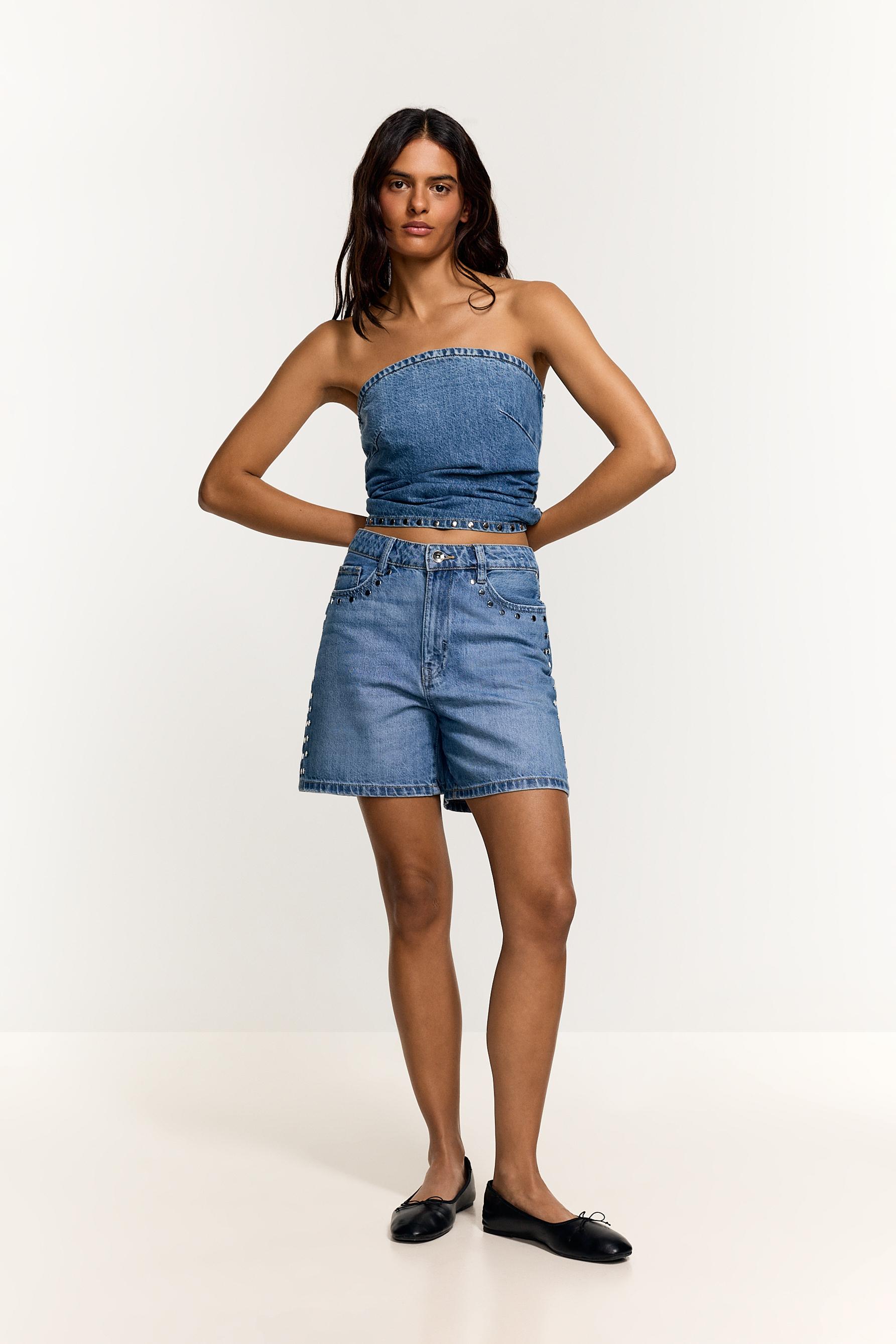 Studded denim Bermuda shorts — PALE INDIGO