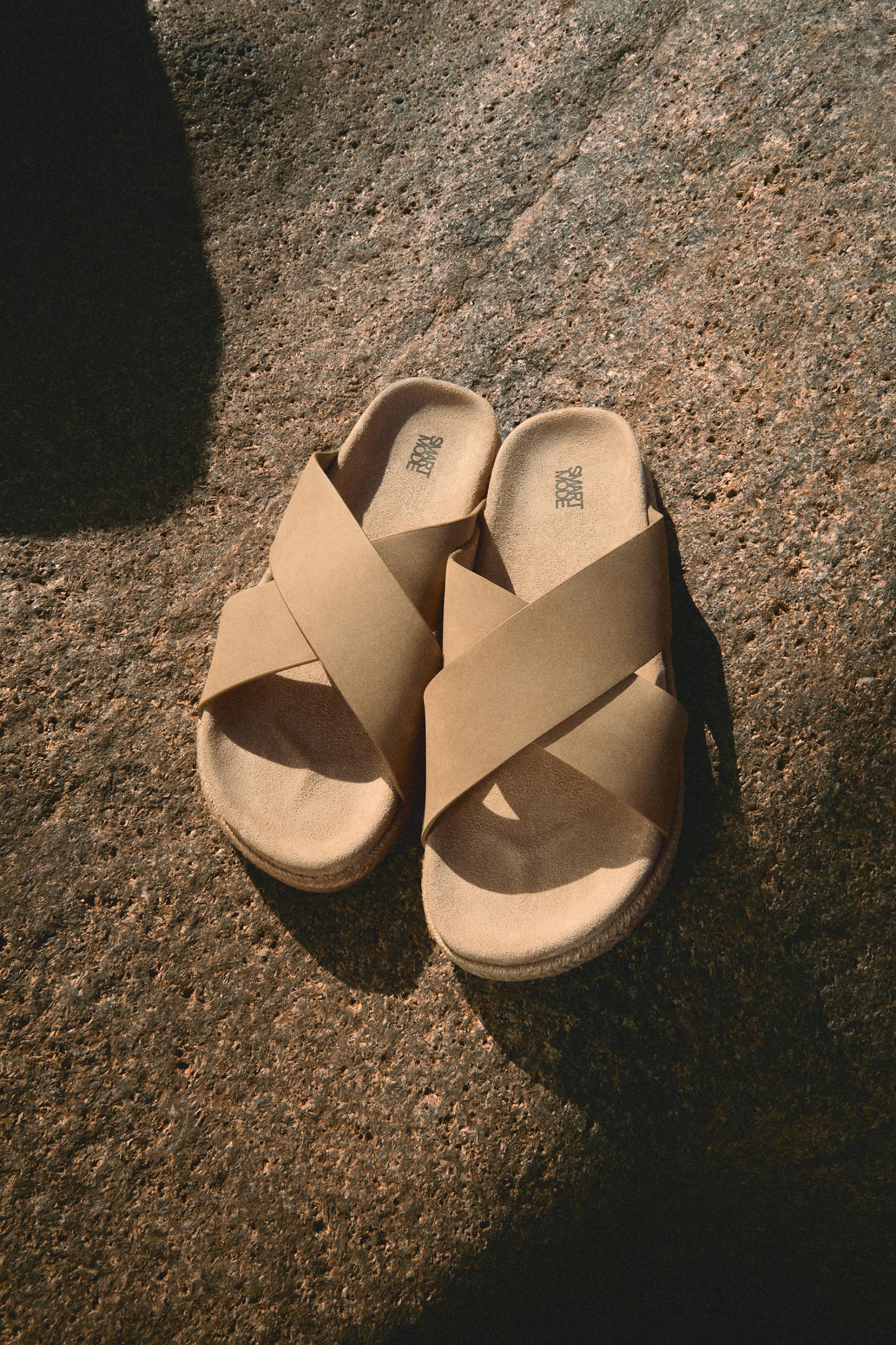 Cross-strap jute-effect sandals — BEIGE