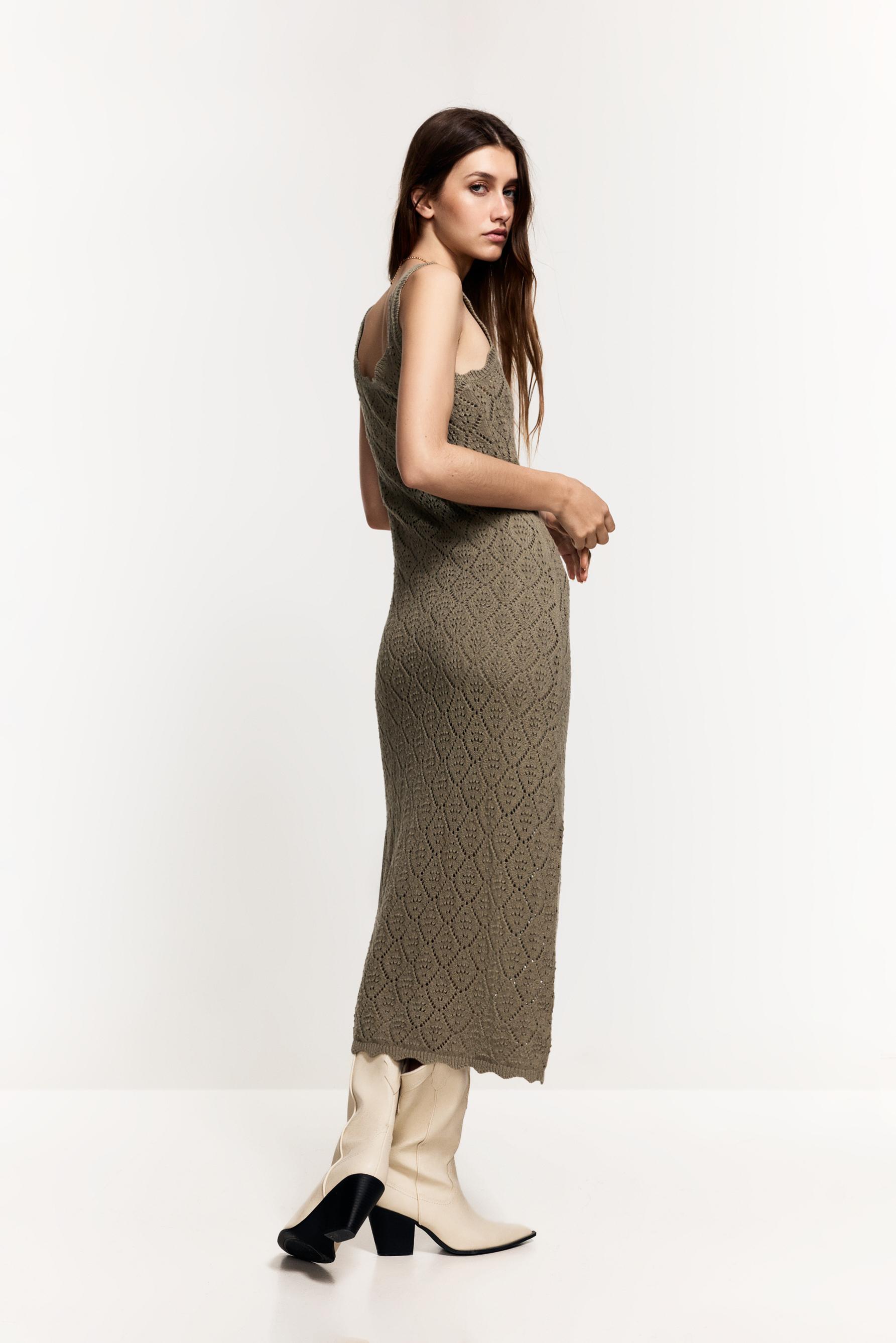 Cutwork knit midi dress — KHAKI
