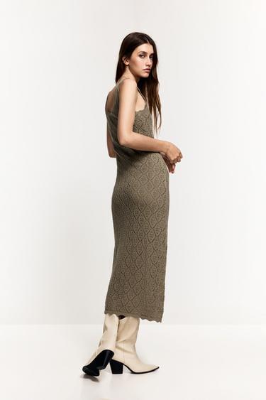 Cutwork knit midi dress — KHAKI 4